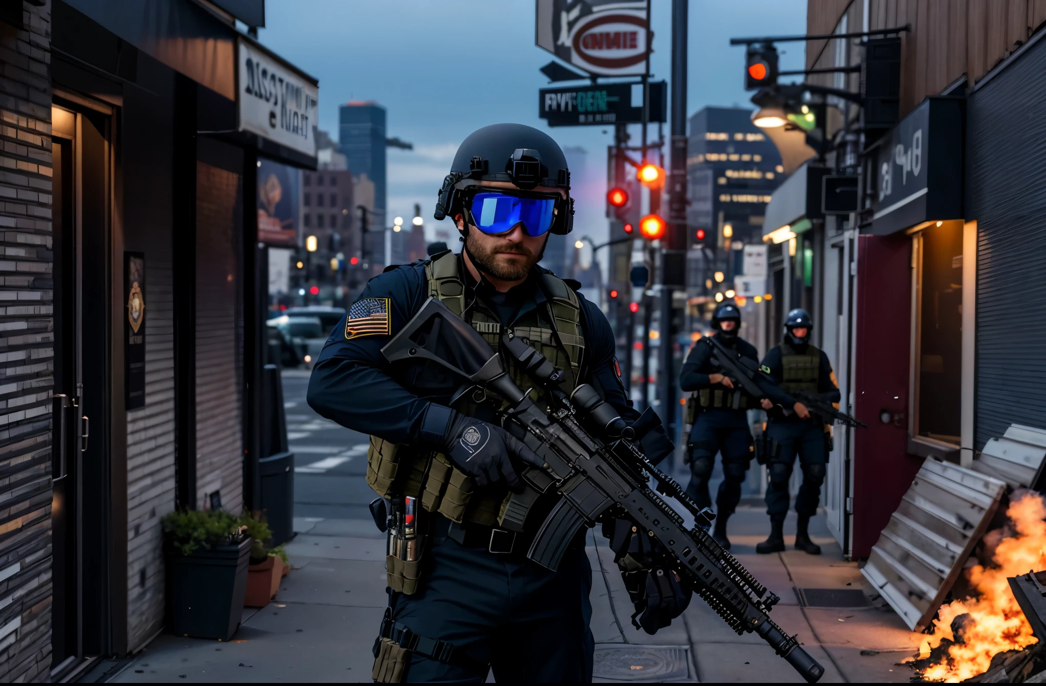 arafed man in a black uniform holding a rifle and wearing goggles, wearing tactical gear, airsoft cqb, portrait of a navy seal soldier, french special ops, man is carrying a rifle, holding pdw, portrait of a us navy seal, holding a mp7, dressed in tactical armor, black tactical gear, military photography, airsoft close quarter combat, rugged soldier, new york city backdrop