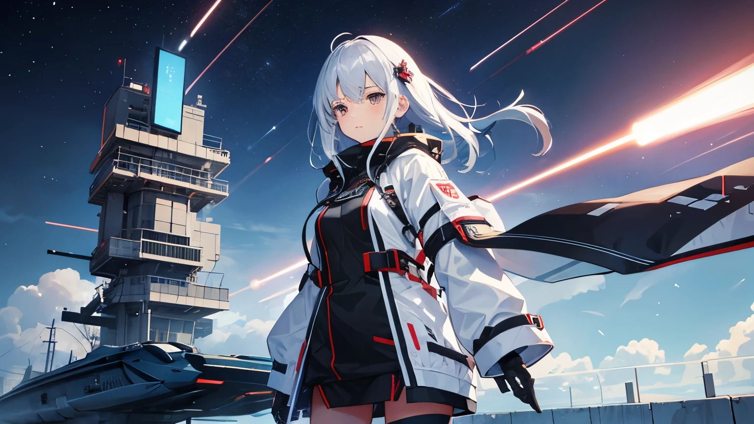 girl wearing a machine、In combat、future都市、light、missile、future