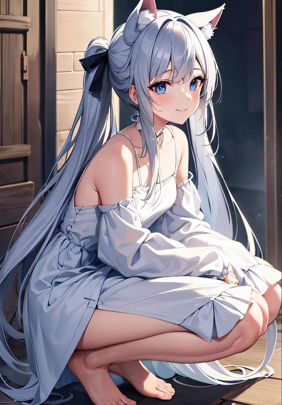 1girl, solo, small breasts, small, bare feet, smile, thin shirt, white shirt, outside, long dress, twin tail, gray hair, long hair, wolf ears, blue eyes, dress one-piece, dress, detailed hand, detailed outfit, ultra quality, best quality, full details, perfect face, squat, pee, lots of fluids, detailed water, detailed fluid 