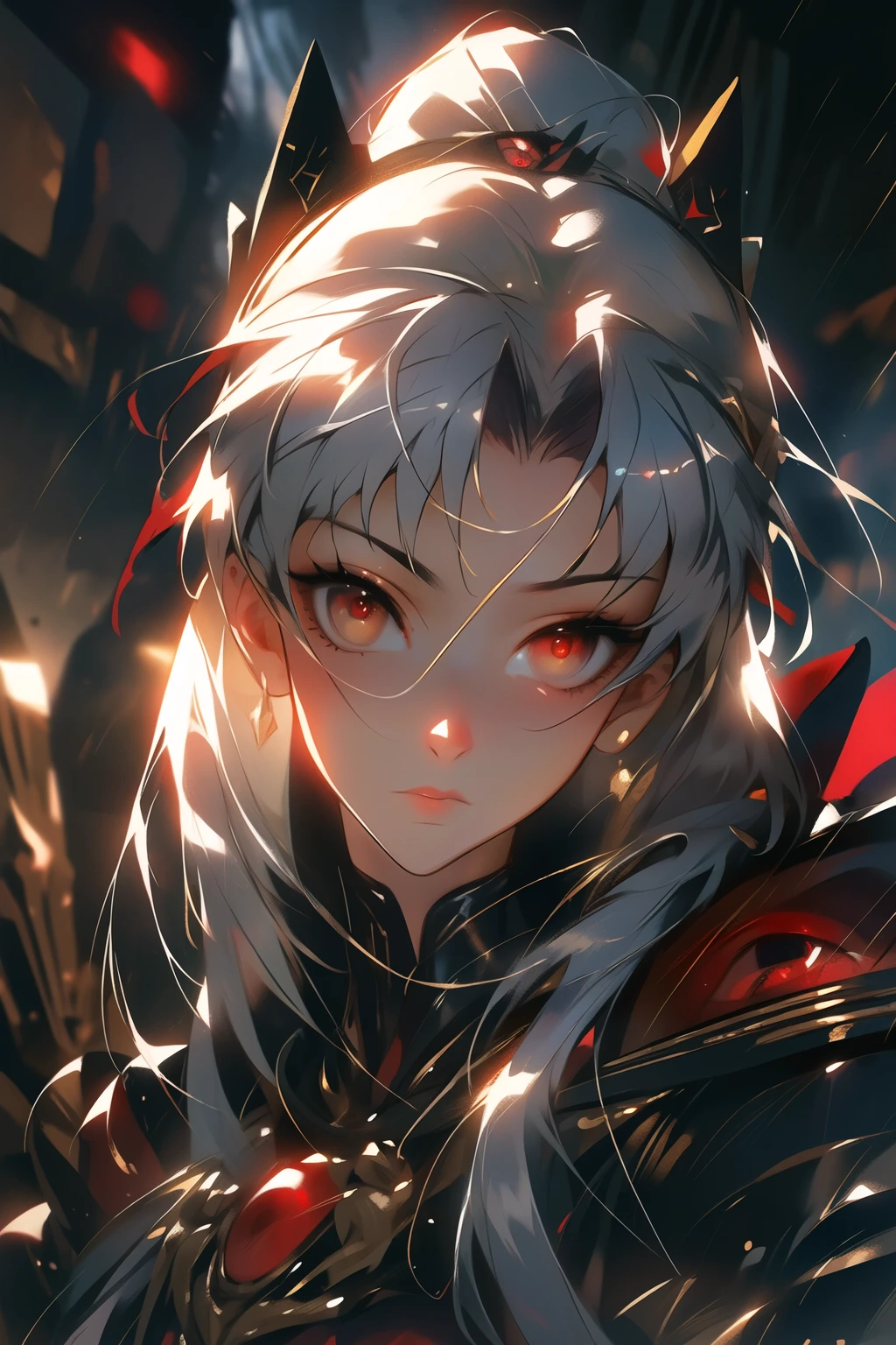 ((best quality)), ((masterpiece)), (detailed), perfect face,8K, RAW photo, Photorealistic:1.25) ,, man eyeslashes, gloss face, Glossy glossy skin, Best quality, Depth of field, color difference, Caustics, Broad lighting,black shadow,darkness combination ,red eyes ghost sculpture ,gold and silver armor,commanding presence,eye of the storm backdrop,(best quality,4k,8k,highres,masterpiece:1.2),ultra-detailed,(realistic,photorealistic,photo-realistic:1.37),HDR,UHD,studio lighting,sharp focus,physically-based rendering,extreme detail description,professional,vivid colors,bokeh,,