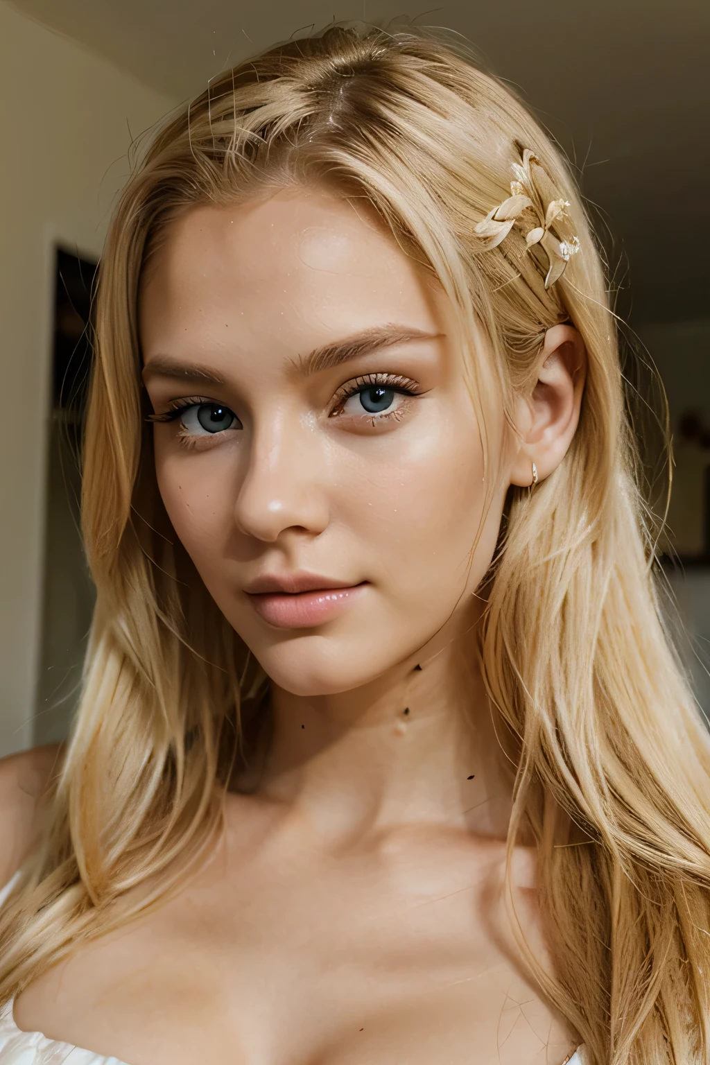 blonde hair woman, model like, very pretty, very realistic, 26 year old woman, looking right into the camera photo, 