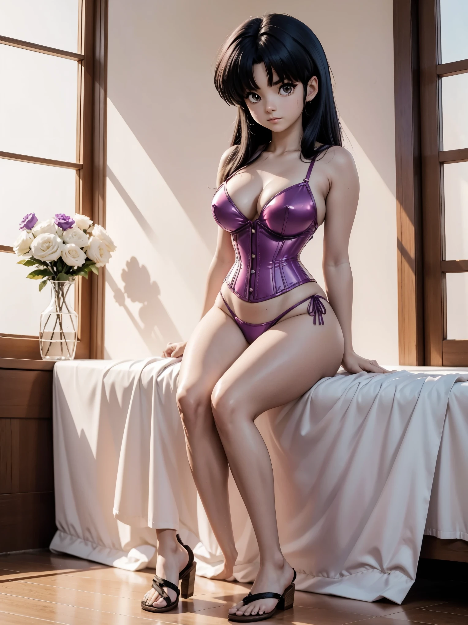 Dark hair anime girl with PINK E purple swimsuit and corset, , corpo bonito, seios grandes, com as hands on chest, hands on chest, Garota sexy, purple cabelo, mechas de cabelo laterais, mechas de cabelo na lateral do rosto, beautiful lighting, sombras suaves, olhos azuis, pernas bonitas, cabelo curto, estilo anime, personagem Akane Tendo, Autora Rumiko Takahashi, Baseado em obra de Rumiko Takahashi, Anime Ranma 1/ 2, decote sexy, quadril robusto, corpo inteiro, corpo inteiro, busto grande, garota jovem com corpo belo e bonito, sandals on his feet, garota 16 anos usando maiô e corset COM CORES PINK E purple, garota anime, estilo anime, beautiful feet in sandals, 45° viewing angle, ao ar livre, peito grande, seios bonitos, cabelo preto, sandals on the feet, pernas bonitas, sexy, belas pernas, Sandalias, seios grandes, corpo completo, corpo inteiro, feet with sandals, realistic anime, saia, saia purple, realistic anime