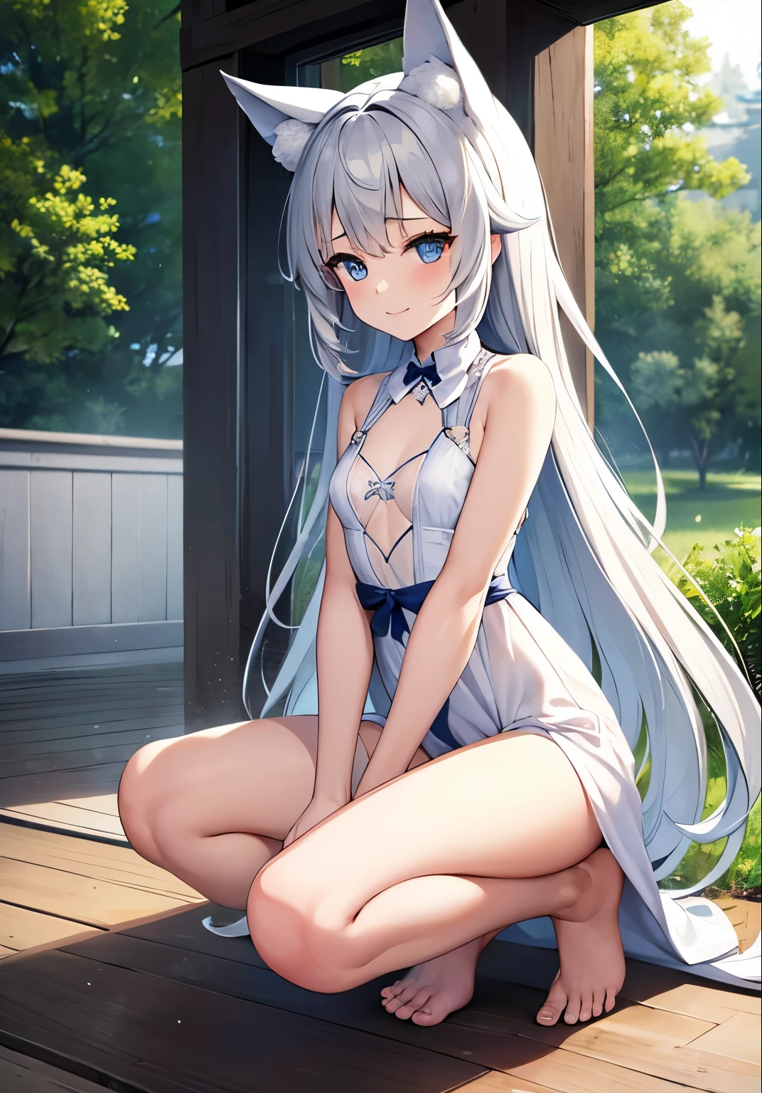 1girl, solo, small breasts, small, bare feet, smile, thin shirt, white shirt, outside, long dress, twin tail, gray hair, long hair, wolf ears, blue eyes, dress one-piece, dress, detailed hand, detailed outfit, ultra quality, best quality, full details, perfect face, squat, girl pee, lots of fluids, detailed water, detailed fluid, opening wide the crotch 