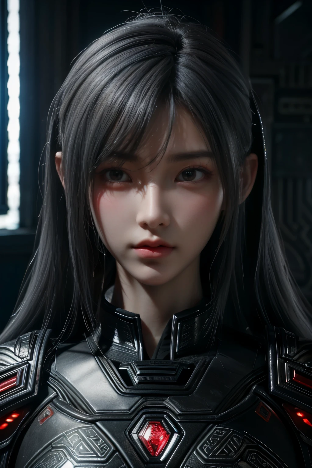 Masterpiece,Game art,The best picture quality,Highest resolution,8K,(Portrait),Unreal Engine 5 rendering works,(Digital Photography),((Portrait Feature:1.5)),
20 year old girl,Short hair details,With long bangs,(The red eye makeup is very meticulous),(With long gray hair:1.4),(Large, full breasts),Elegant and noble,Brave and charming,
(Future armor combined with the characteristics of ancient Chinese armor,Hollow design,Power Armor,The mysterious Eastern runes,A delicate dress pattern,A flash of magic),Warrior of the future,Cyberpunk figures,Background of war,
Movie lights,Ray tracing,Game CG,((3D Unreal Engine)),OC rendering reflection pattern