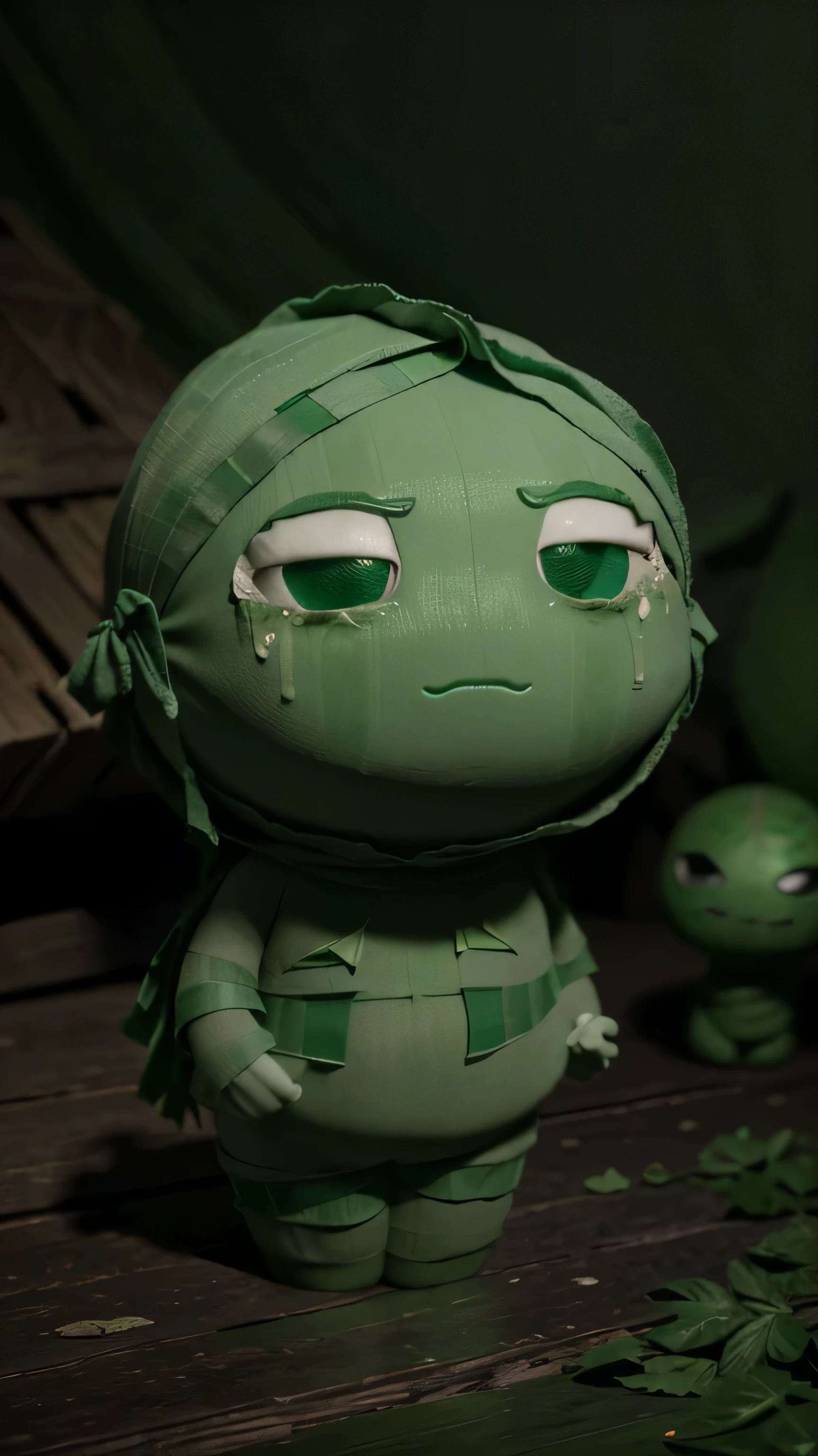 Portrait Amumu (league of legend) in tears: Melancholic mummy (floating green strips) (Amumu) (sadness), small in size, wrapped in scary bandages, emotion that overwhelms him, infinite sadness (best quality, 8K, masterpiece:1.2, Ultra-detailed, realistic, photorealistic, photo-realistic:1.37, 16k)