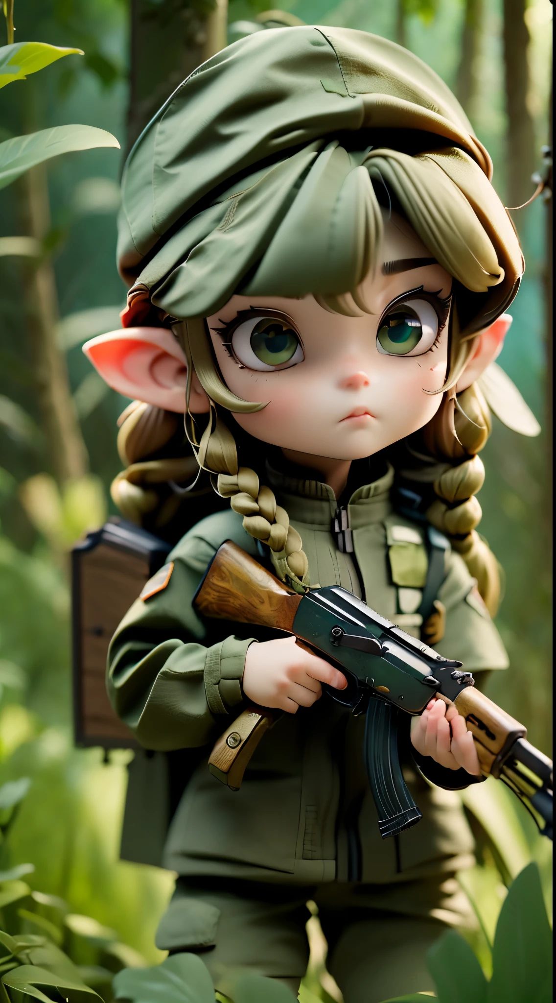 Female elf soldier, (elf with golden braided hair), (solo), forest Russians Military Camouflage Uniform, detailed eyes, detailed hands, detailed face, ak-47, akm, kalashnikov_rifle, assault_rifle, holding_gun, holding rifle, forest background