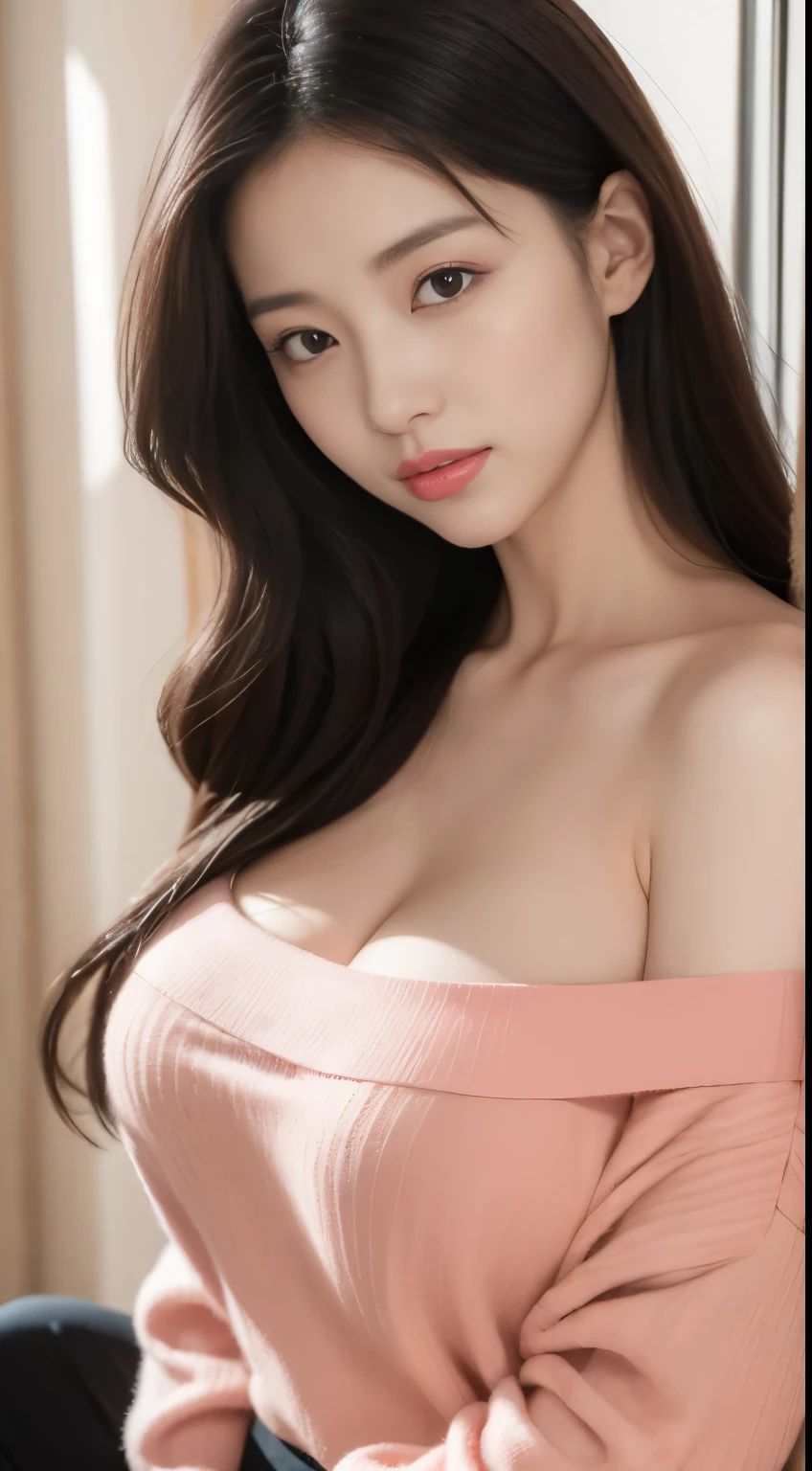 （（top-quality，8K，tmasterpiece：1.3）），Beautuful Women，Hide your face，1个Giant Breast Girl，big breasts beautiful：1.3，Slender abs：1.1，camisole，，longblackhair，（kneeling on a bed），Super detailed face，Highly detailed lips，Detailed eyes，double eyelid，Pink knit sweater