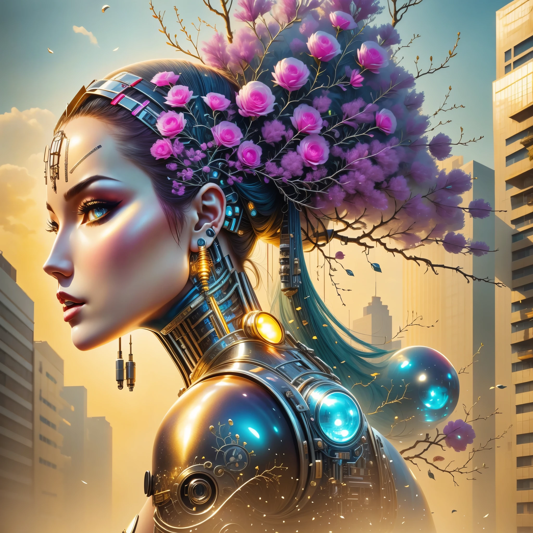 original photography, Super detailed, woman, cybernetic neck, (cyborg: 1.5), A ruined city block in the background, Vibrant details, Luxury Cyberpunk, hyper-actual, anatomical, elegant, 8K, best quality, masterpiece, Very detailed, (actual, photo-actual: 1.37), portrait.