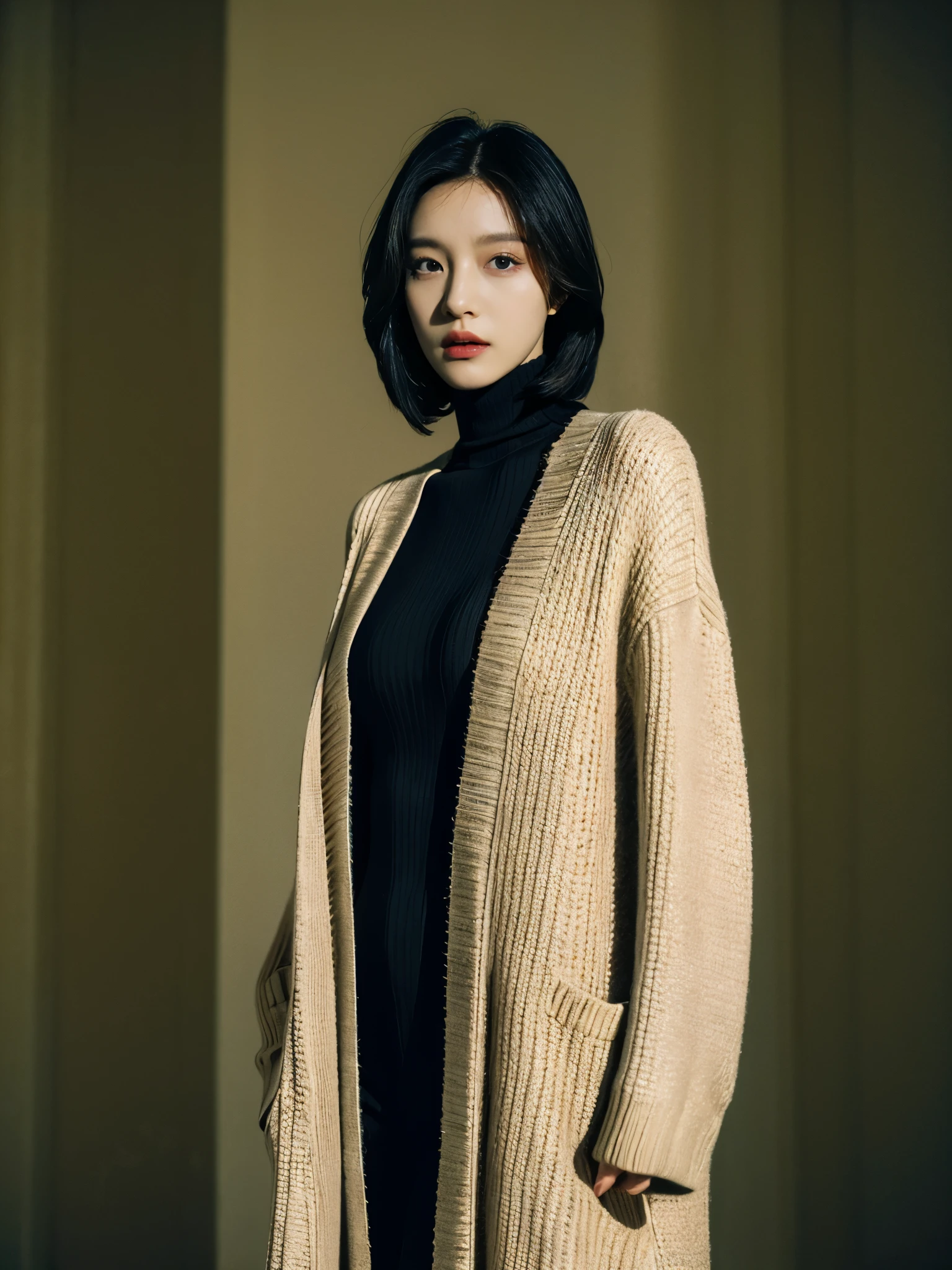 Best quality at best,tmasterpiece,ultra high resolution,(realness:1.4),RAW photogr,Cinematic texture,1 cool girl,Tall and tall，Dressed in turtleneck，long cardigan，3/4 sleeve, standing in the plain background，looks into camera，fashion photoshoot, black bob hair, gorgeous eyes