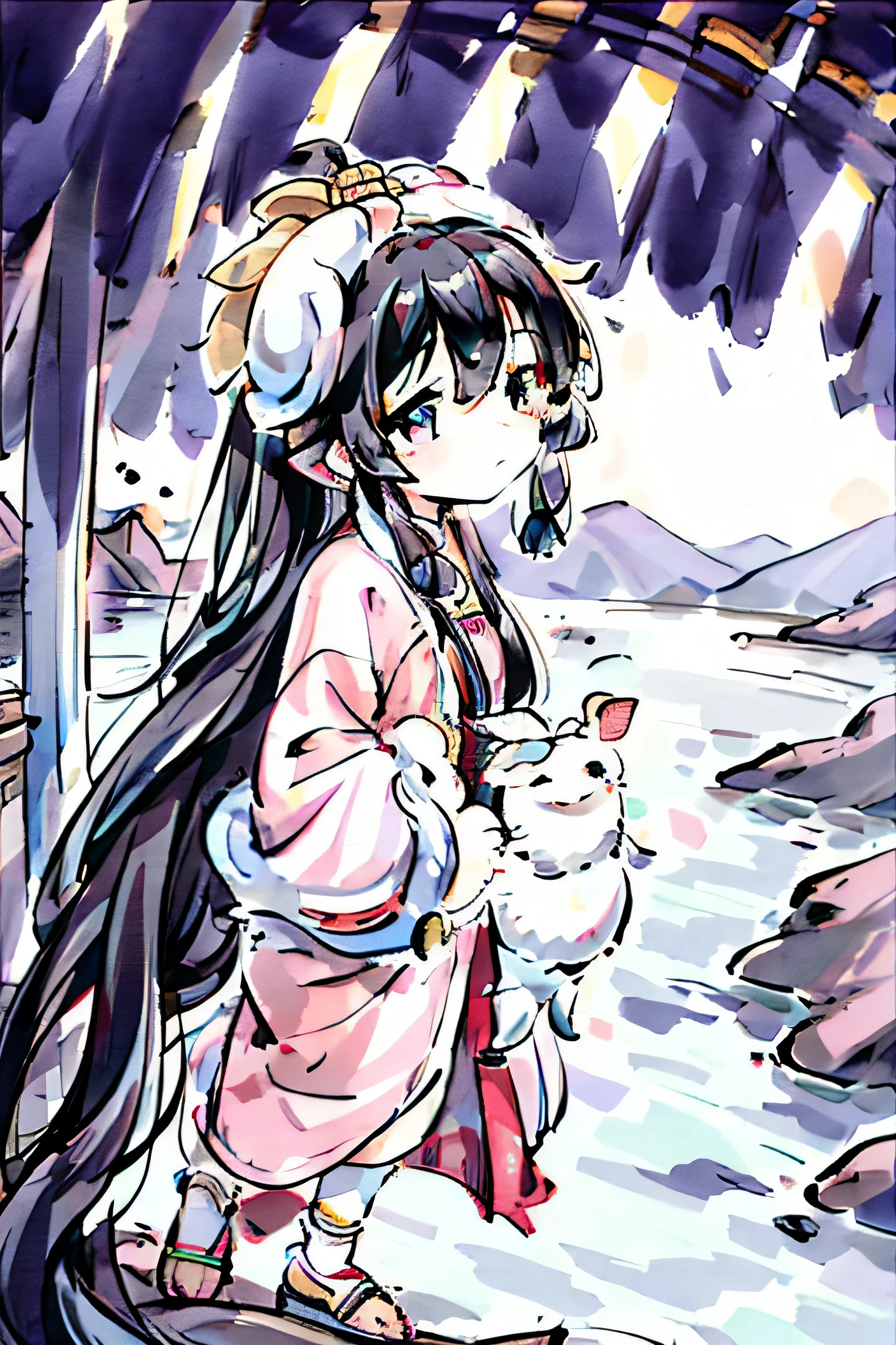 Tourism promotion, illustration, Line drawing, Mongolian clothing, Silk Road Culture, A is cute, Holding a baby lamb,desert is , The sun sets on the long river,