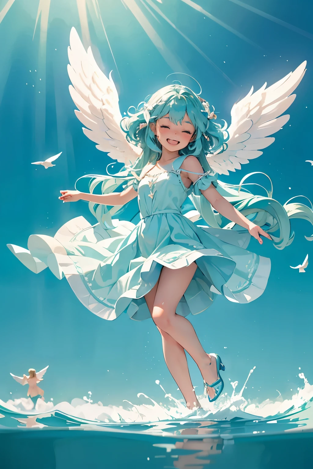 Visualize an (((angel girl))) with flowing bluish-turquoise hair, cut in intricate curls that reflect the light around her, soaring effortlessly above a tranquil lake, accompanied by a (((laughing ))) aged 8, posed mid-air as if frolicking alongside a carefree dance, their figures silhouetted against the ethereal waters below