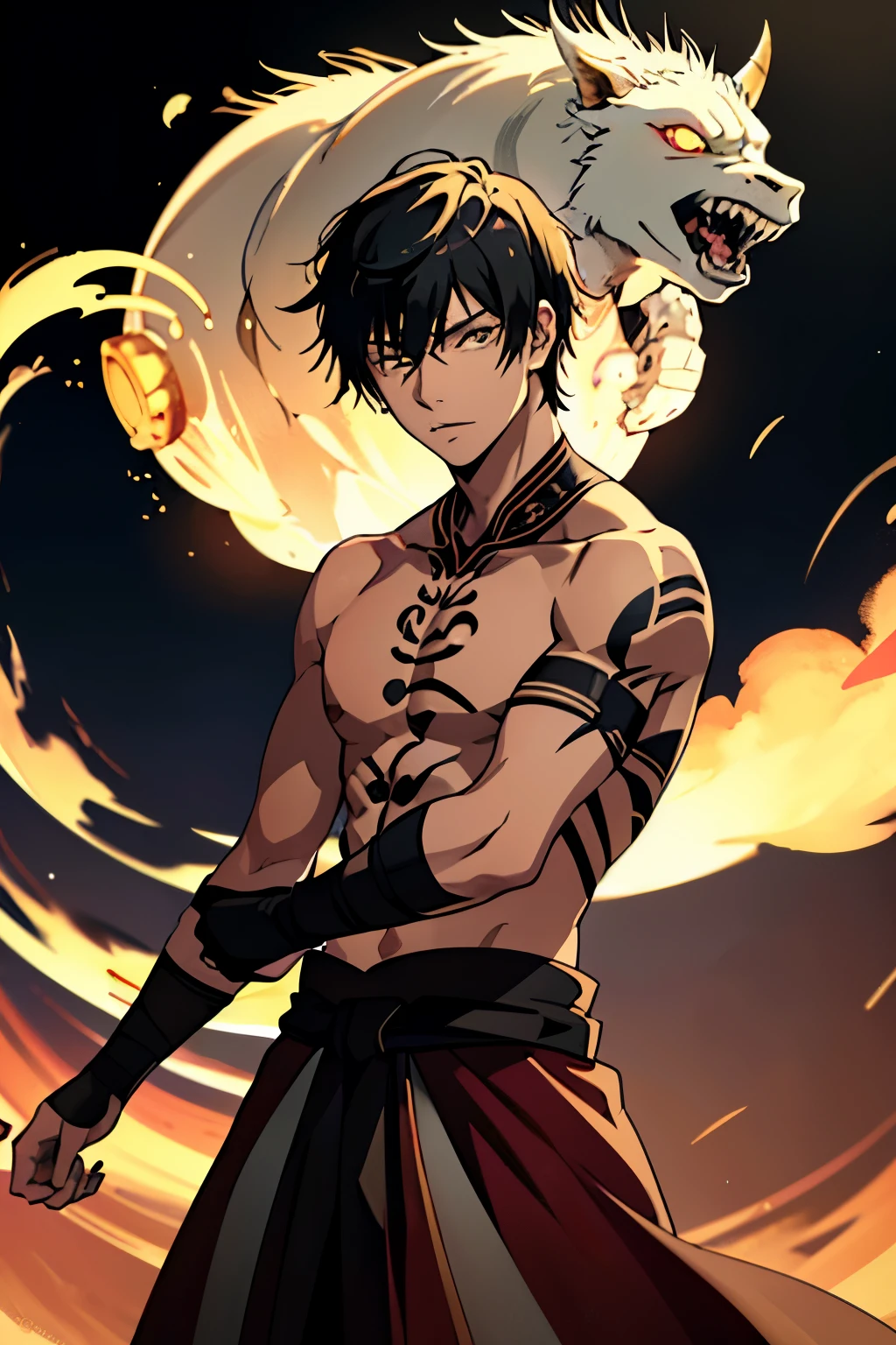 (high-quality, breathtaking),(expressive eyes, perfect face) 1boy, male, solo, young adult, black hair, yellow eyes, (short spiky hairstyles) short hair length, (dark skin), soft serious expression, Monk profession, martial artist, well built body, pants, knuckle bandages, environment background, fantasy clothing, fantasy attire, DnD Monk Class, oriental monk, half body, ancient Chinese swordsman hanfu, body tattoos, tribal body art, wuxia, black and gold clothing palette, ((tan skin color)), monk, bandage wrapped forearms, fantasy, (Dragon tattoo), (big Stigmata), character focus, ((black light)),((dark lighting)), cinematic lighting ,(darkness), (concept art), (glowing eyes), high resolution, extremely detailed CG unity 8k wallpaper, ((masterpiece)), ((top-quality)), (beautiful illustration), ((an extremely delicate and beautiful)), (masterpiece, Best quality, ultra high resolution), glowing yellow eyes, Luminous_eyes, ultra detailed eyes, Beautiful and detailed face, detailed eyes, (Centered, torso), (wide shot:0.9), facing the viewer, Eye level, (1 small black horn on top of head), gloves, horn, 1 horn, lightning aura, lightning arcing off body, lightning