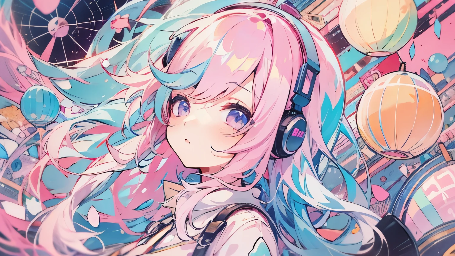 Vocaloid、one girl、colorful hair、pastel colour、dome、cute、music background