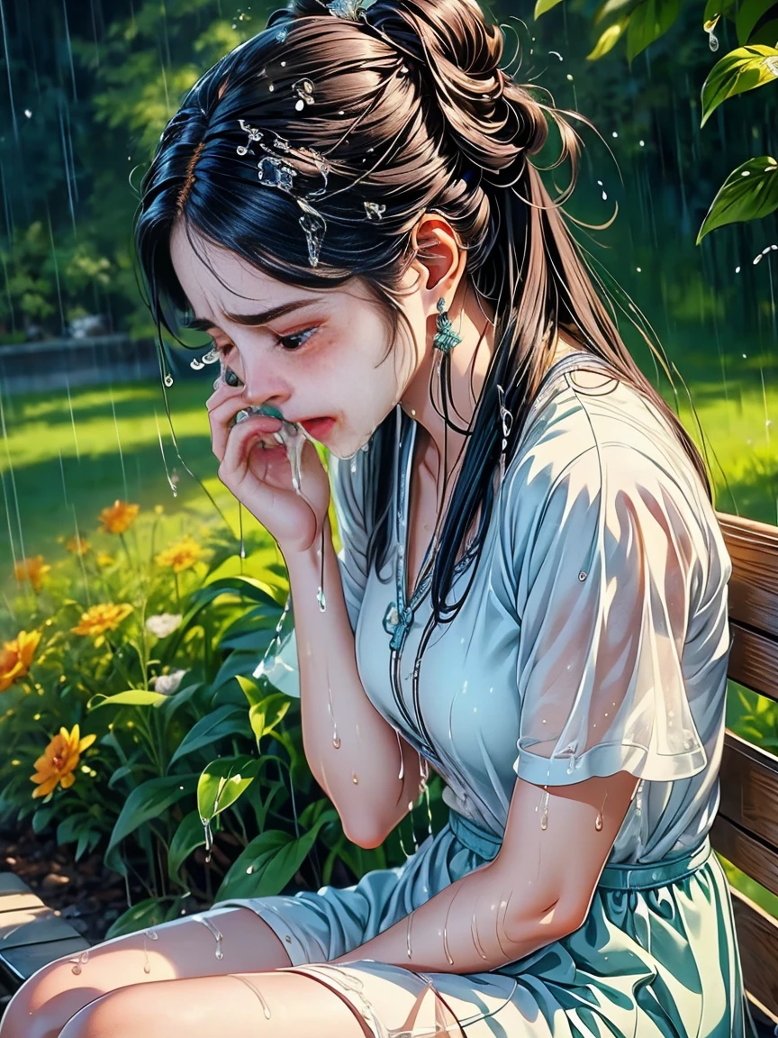 1girl，(solo)，sit on bench，close up，wet，(sad crying: 1.8), (tears: 1.8), ((tears full of tears))，heavy rain，garden，(UHD, masterpiece, ccurate, anatomically correct, textured skin, high details, high quality, award winning, 8k)