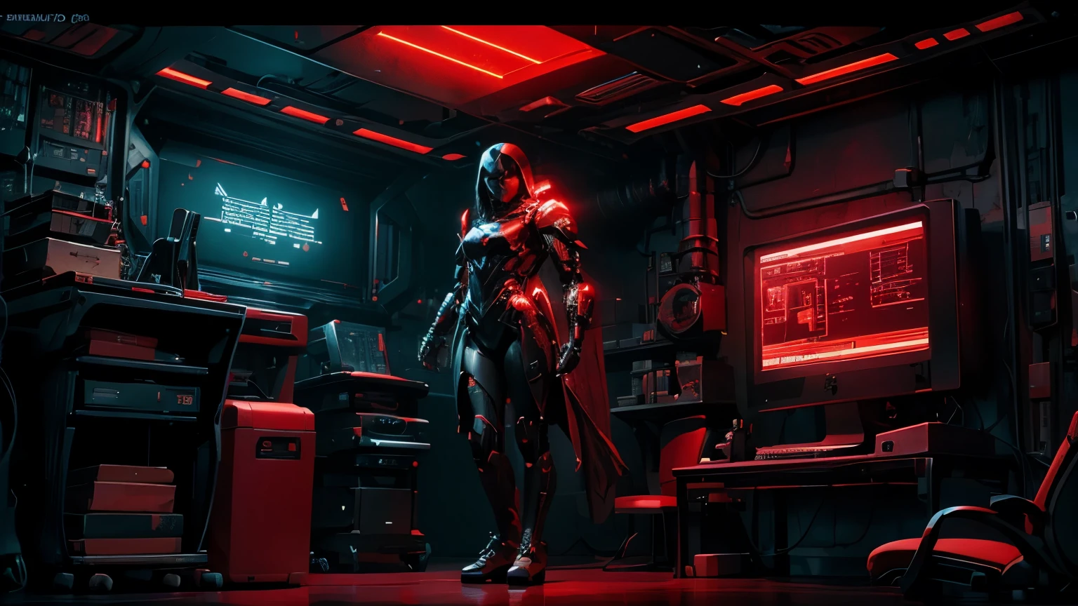 Computer Science with text "BSRU" , Scifi, Dark fantasy style, Red neon, dark tone, hardware, robot, red hologram