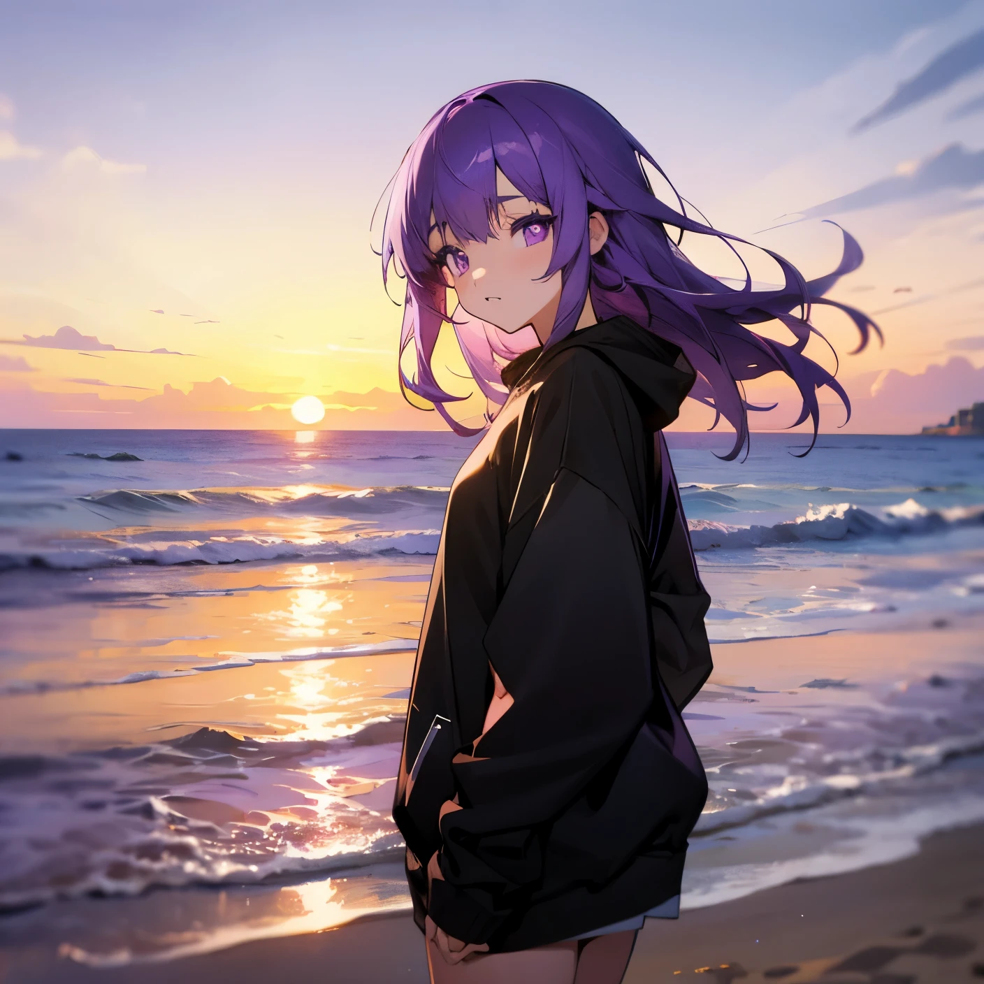 beach,seaside,Sunset,purple hair,purple eyes,Black sweatshirt