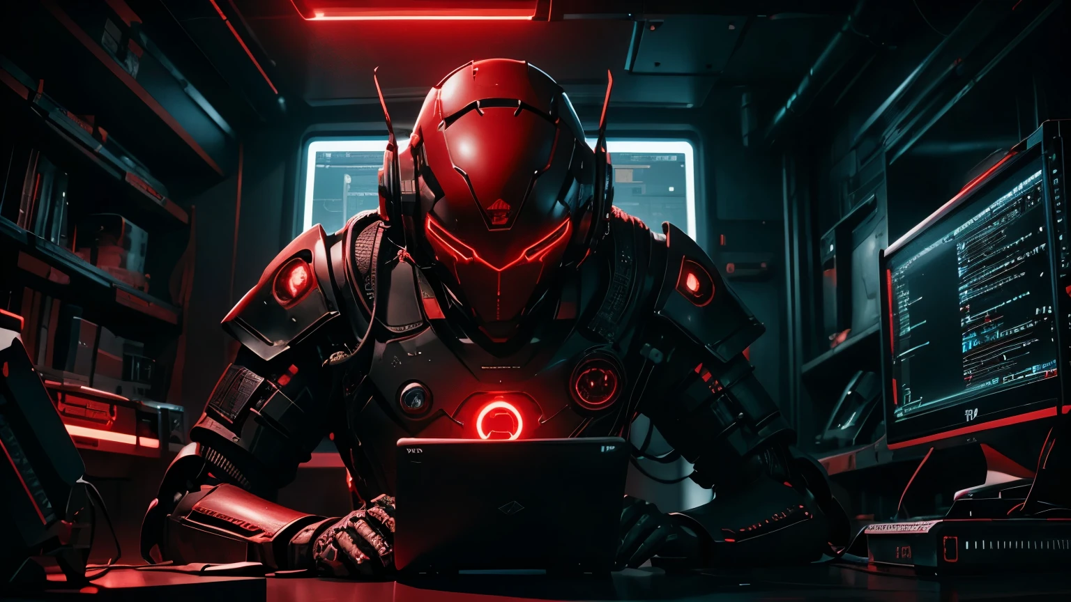 Computer Science with text "BSRU" , Scifi, Dark fantasy style, Red neon, dark tone, hardware, robot, red hologram