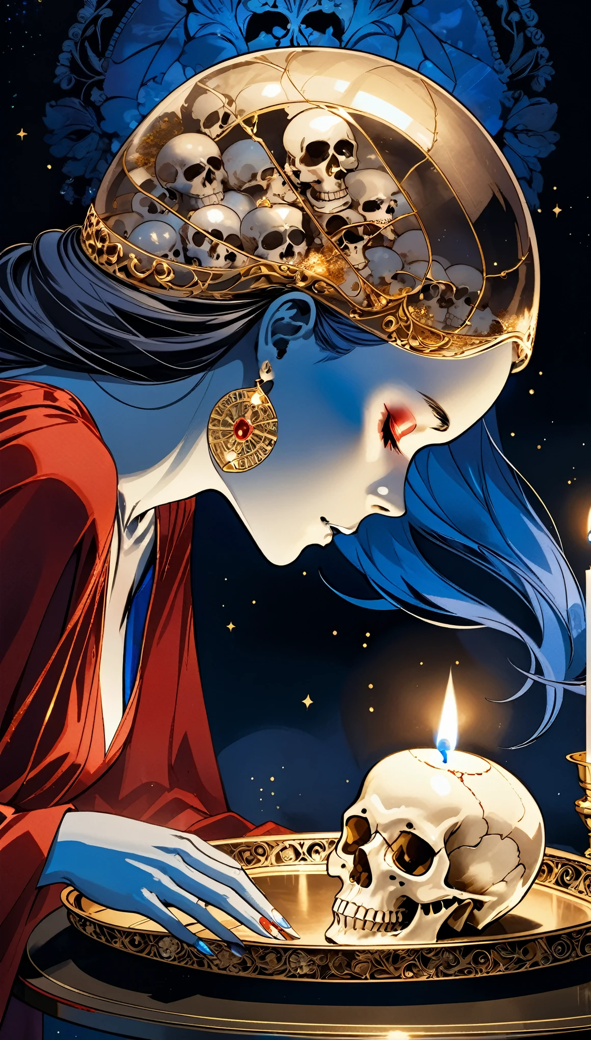 Crystal skull, side view, gold thread inlay, red satin cover, gold tray, burning candles, night, faint smoke surrounding the skull, blue clad girl's side view composition photography facing the skull,
