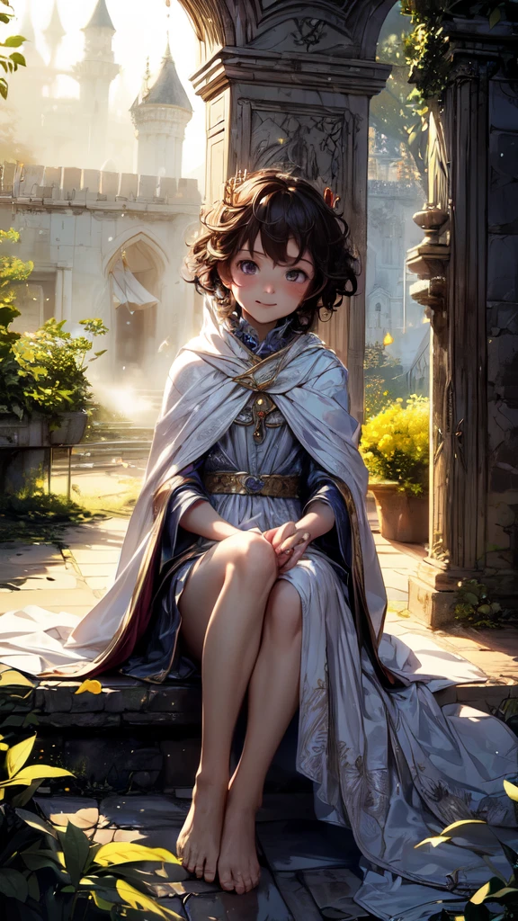 (best quality,4k,8k,highres,masterpiece:1.2),ultra-detailed,(realistic,photorealistic,photo-realistic:1.37), (solo), (A cute very :1.13) wearing a white cloak and a (very long silk dress:1.1), (prince), (best wrinkle, best shadow), (bare feet), soft curly hair, sparkling eyes, (curious sparkling eyes, innocent smile, cheeks rosy with happiness), dainty silver crown on his head, (passing through a misty dark palace garden), (real location), In the magnificent place, bathed in warm golden sunlight, creating a dreamy and magical atmosphere.