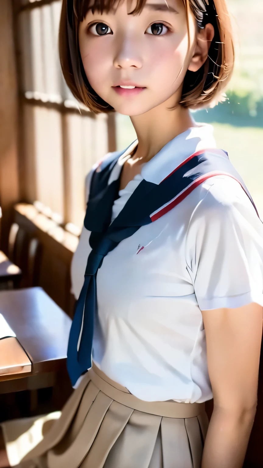 (table top, highest quality:1.2), 8K, ************, 85mm, official art, Raw photo, absurd, white dress shirt, cute face, close, Upper body, viola lace, gardenia, beautiful girl, school uniform, (navy pleated skirt:1.1), Cinch West, thighs, short sleeve, classroom, ponytail、short hair、short hair、sit on a bench seat, looking at the viewer, no makeup, (smile:0.4), film grain, chromatic aberration, sharp focus, face light, clear lighting, teen, detailed face, background bokeh, (dark red tie:1.1)、日本の学校のclassroom、classroom