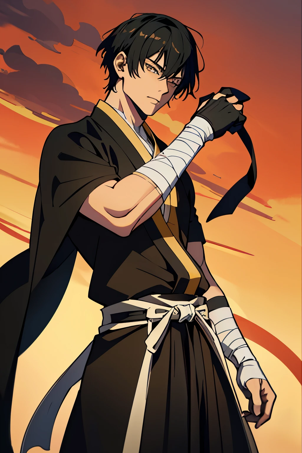 (high-quality, breathtaking),(expressive eyes, perfect face) 1boy, male, solo, young adult, black hair, dreadlocks, yellow eyes, short hair length, dark skin, soft serious expression, Monk profession, martial artist, well built body, pants, knuckle bandages, gloves, environment background, fantasy clothing, fantasy attire, one sleeve robe, DnD Monk Class, oriental monk, half body, ancient Chinese swordsman hanfu, body tattoos, tribal body art, wuxia, black and gold clothing palette