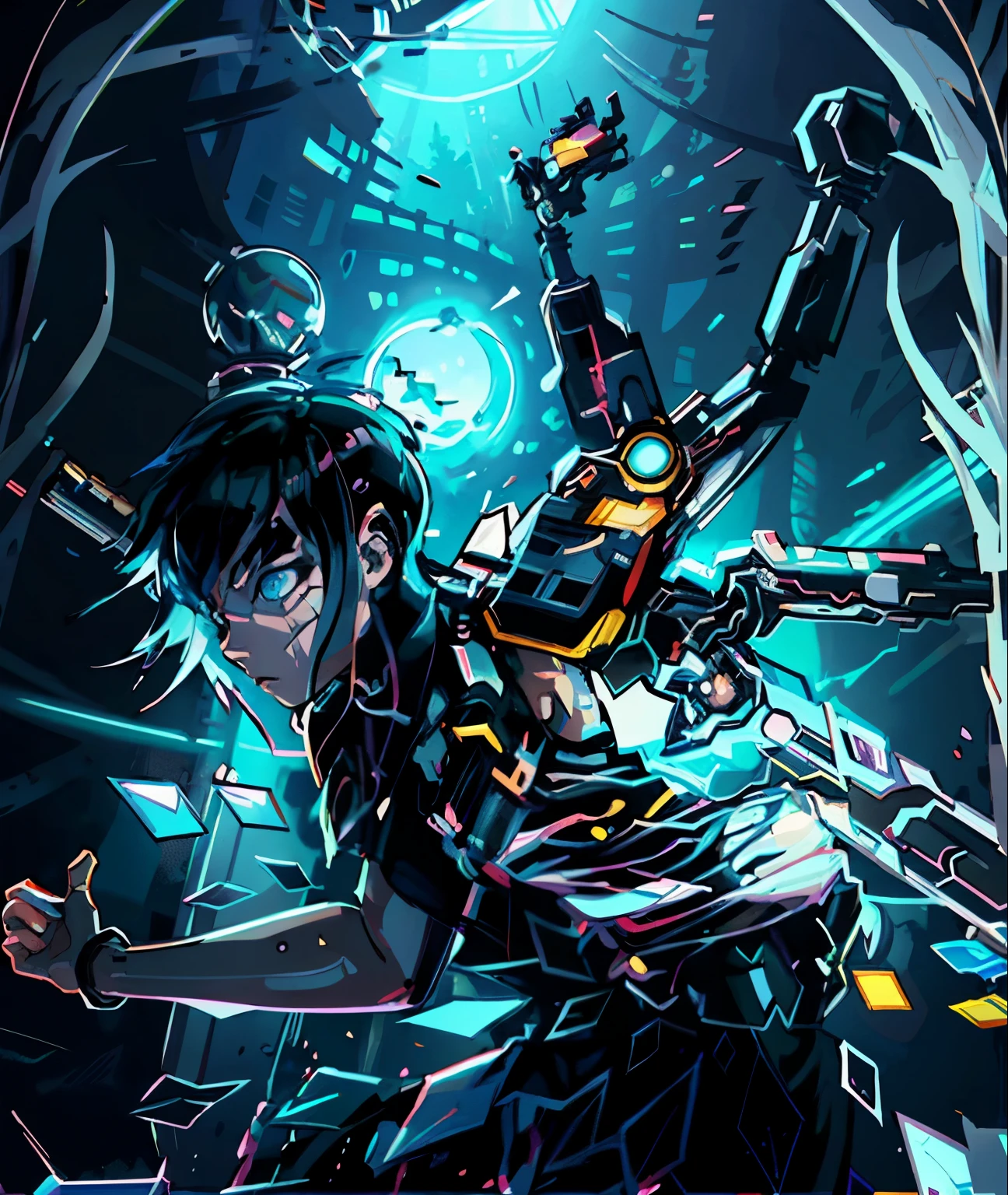 Cartoon character holding gun in dark forest, digital cyberpunk anime art, Digital Cyberpunk - Animation Art, anime cyberpunk art, Cyberpunk anime girl mecha, cyberpunk anime art, Advanced digital animation art ”, Digital Cyberpunk Anime!!, epic anime style, anime cyberpunk, Ghost in a shell art style, Advanced digital animation art, anime style 4k, Ghost in the Shell style