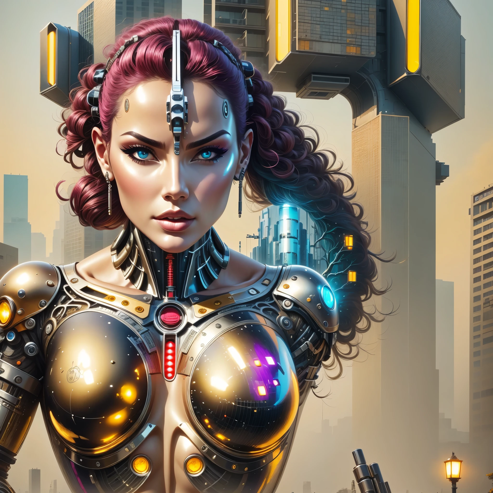 original photography, Super detailed, woman, cybernetic neck, (cyborg: 1.5), A ruined city block in the background, Vibrant details, Luxury Cyberpunk, hyper-actual, anatomical, elegant, 8K, best quality, masterpiece, Very detailed, (actual, photo-actual: 1.37), portrait.