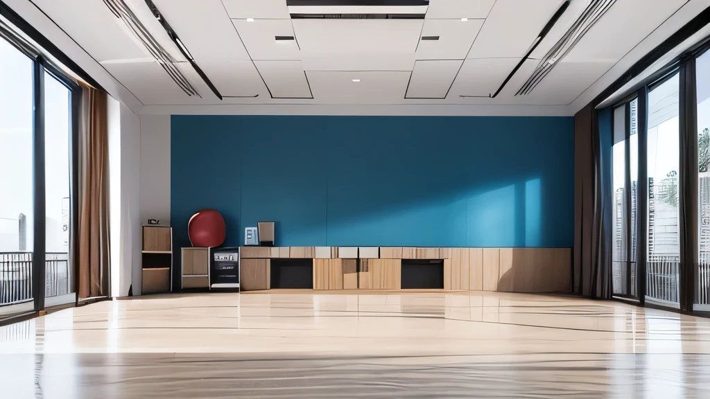 surreal scene，4K，Bright activity room in school，empty room，There are no tables or chairs on the floor，Wood color style，Cabinets on the back wall，Has a large display，，Ultra wide angle focal length，warm light，No outdoor window lights