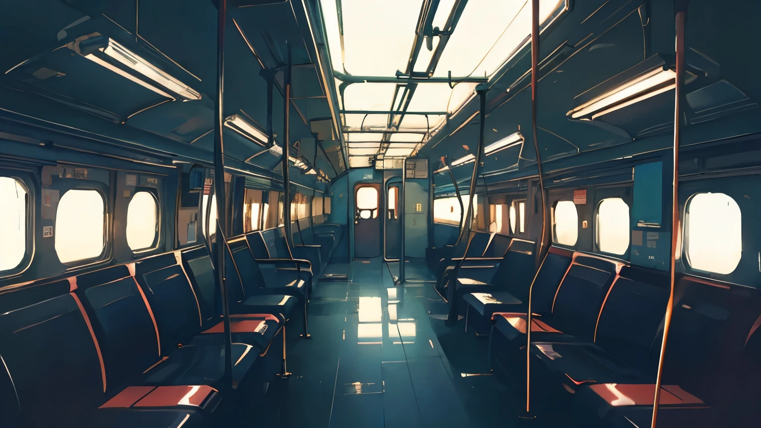 Empty train carriages, Full scene, uncanny, Slightly gloomy, Slightly retro, Taiwanese style, Section view, 45-degree overlook, A view from the outside