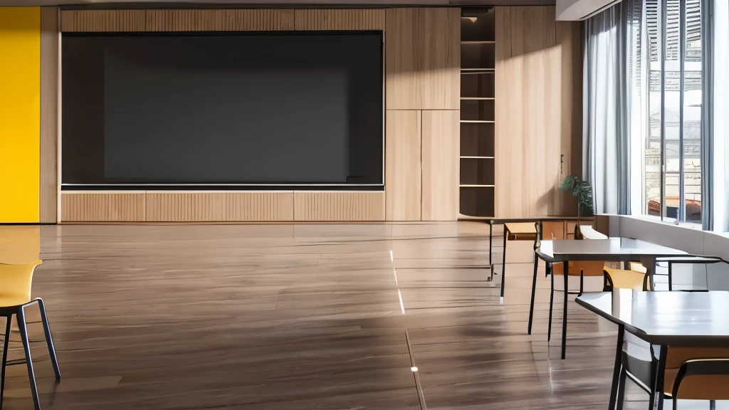 Hyper-realistic scenarios，4K，A bright activity room inside the school，Empty room，There are no tables or chairs on the floor，Wood color style，Back cabinet on the wall，Has a large display screen，，Ultra wide angle focal length，warm light，no outdoor window light