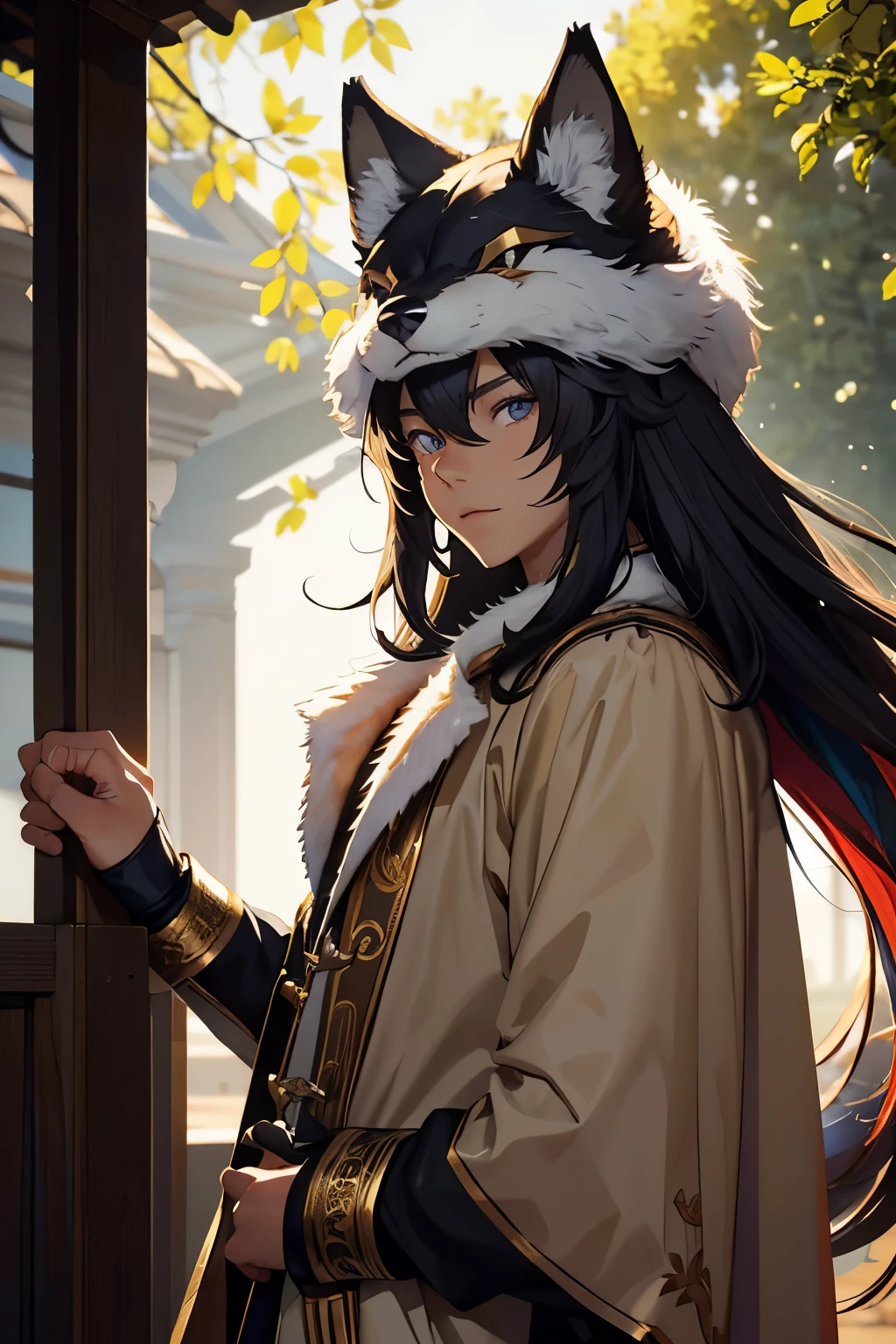 (best quality,4k,high-res): A handsome young boy enjoying the sunlight, wearing a wolf-head hat and showing off his long hair. He has a well-toned physique and is dressed in a stylish fur outfit. The camera captures his entire body with utmost clarity, displaying an abundance of intricate details. The image showcases vibrant colors, and the lighting emphasizes the boy's features.