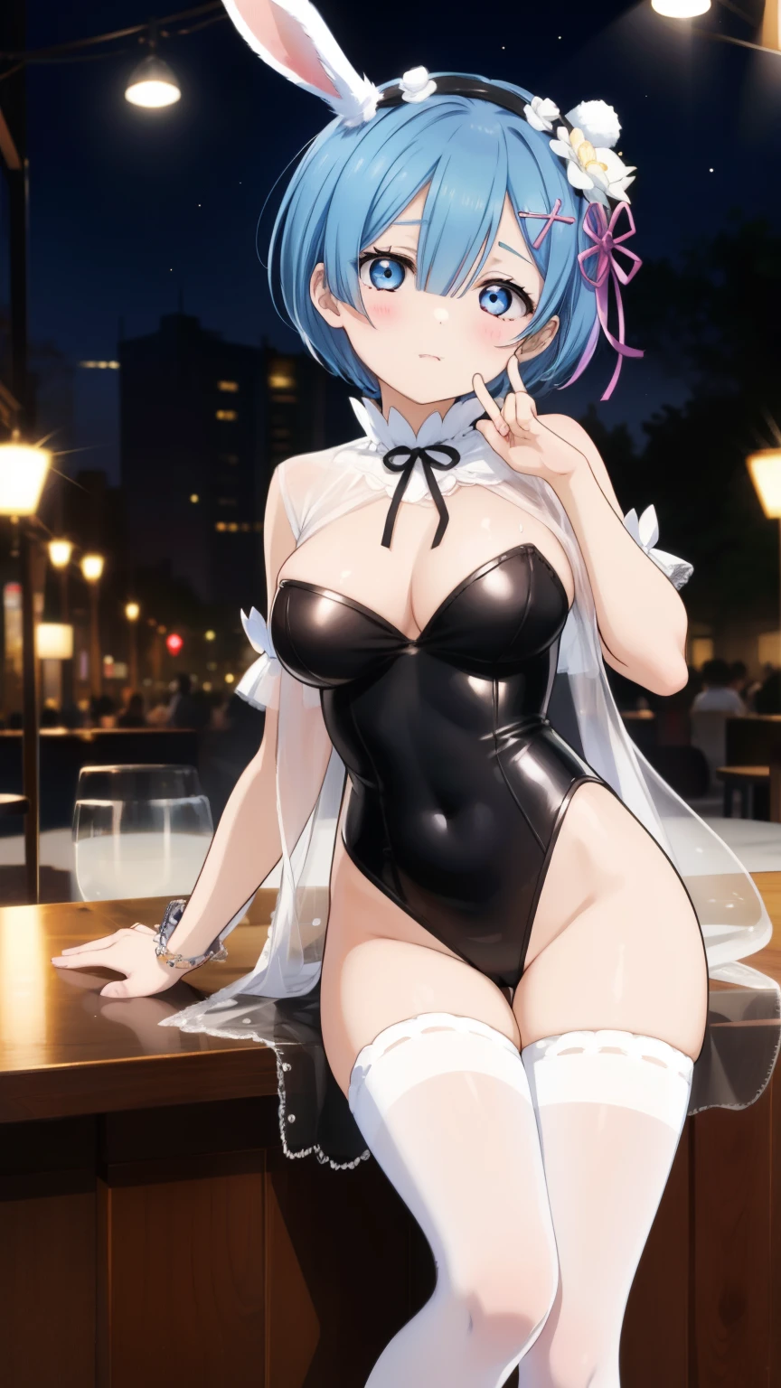Rem from Re:Zero、light blue hair、short hair、table top、High resolution、many girls multiple girls、large crowd、lots of cute girls、big and full breasts、naughty body、See-through、throw、、whole body、Are standing、Look up at me、confused face、blush、embarrassing、Excited、white breath、black pantyhose、female shape'Private parts are clearly visible、I can see your nipples、BAR、bar counter、Many people々々々々、in the crowd、bare chest、show your chest、Upper grade、A lot of milk comes out from the nipples、Breast milk gushes from the nipple、Bunny girl、gossiper、rabbit ears、Leotard figure、Bangs that cover one eye、pink hairpin、sit on the bed、black high heels、open your legs、open thighs、emphasize the chest、chest to chest、night viewが見える部屋、night view、Cloth digs into genitals