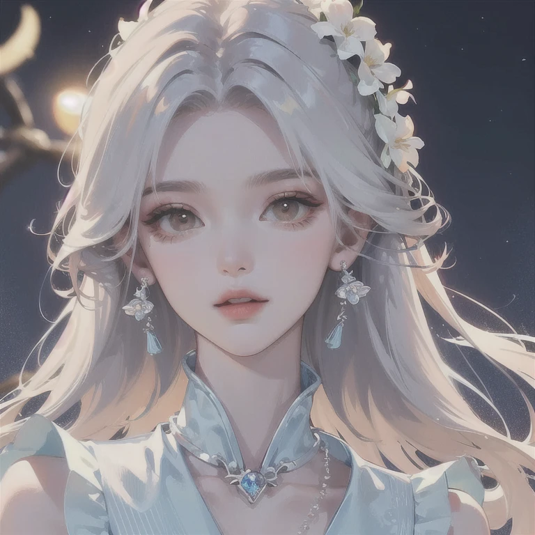 (best quality, masterpiece, high resolution, 1 girl, Blue Hanfu dress, Gorgeous hair accessories, beautiful necklace, exquisite jewelry, pretty face, body details, , long white hair, Quiet and generous ancient girl, edge lighting, Two-tone lighting, (highly refined skin:1.2), 8K UHD, SLR camera, soft light, high quality, Volumetric lighting, frank, photo, high resolution, 4K, 8K, Background at night)breeze,moonlight,white flowers,bust,