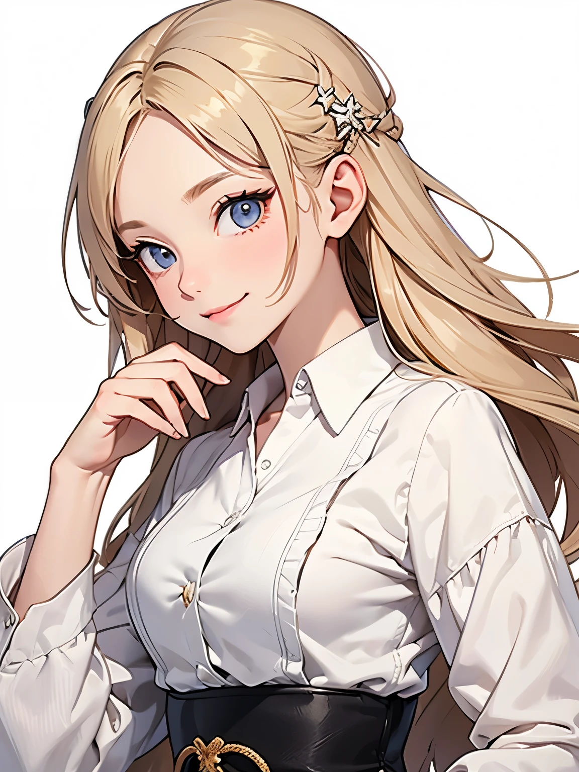 Anime girl, smiling, HD, fully detailed, casuao clothes, casual girl, looking at viewer, front view. Cool. Good pose. White background. Face only. Face close up picture. Fantasy. Full detailed. Masterpiece