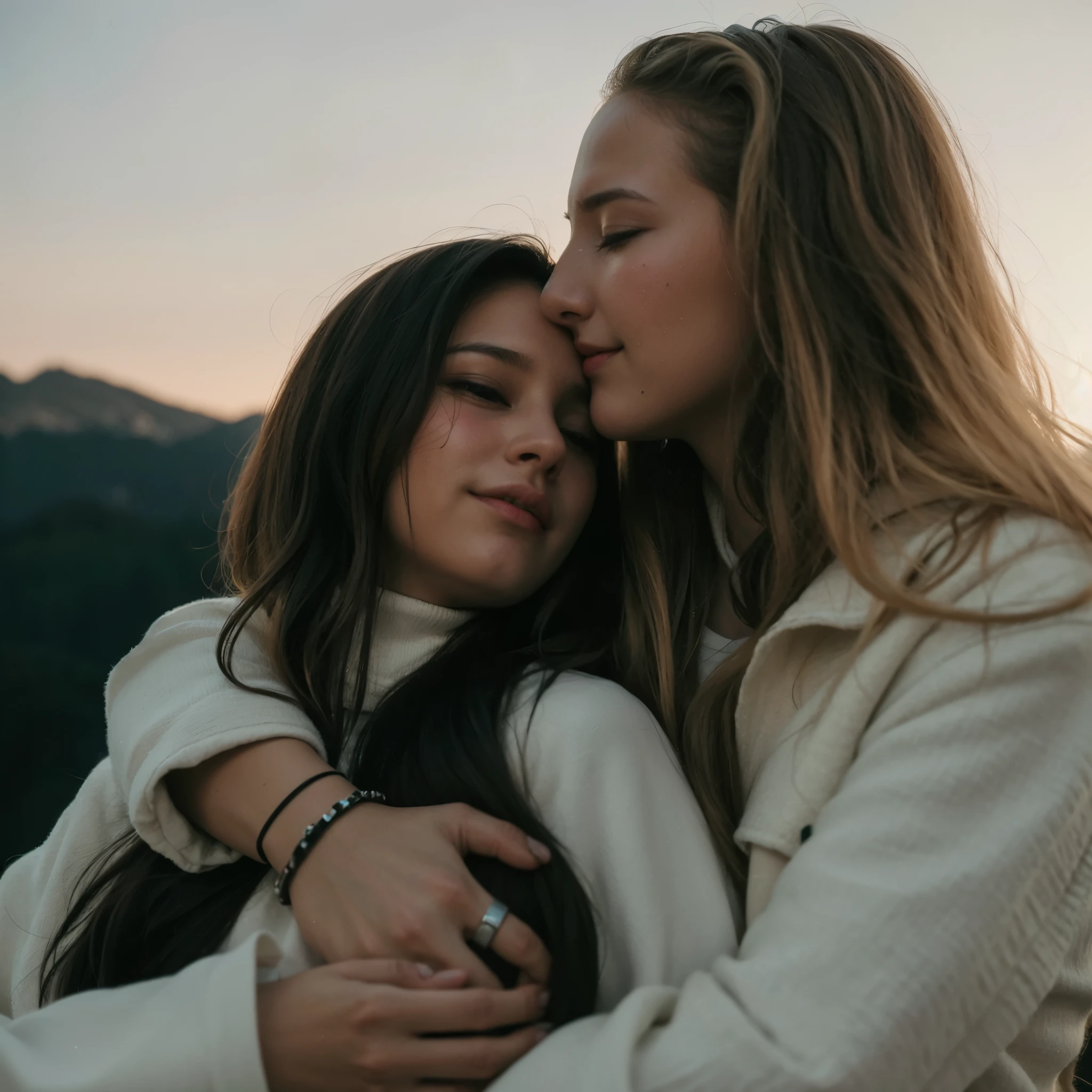 two women abrazando each other in front of a mountain, lesbiana embrace, retrato de mujeres abrazadas, abrazando each other, mujer sosteniendo a otra mujer, dos hermosas mujeres enamoradas, portrait of two girls kissing, John shouted, lesbiana kiss, lesbiana, alena aenami and lilia alvarado, abrazando, disparo en la hora dorada, abrazando and cradling