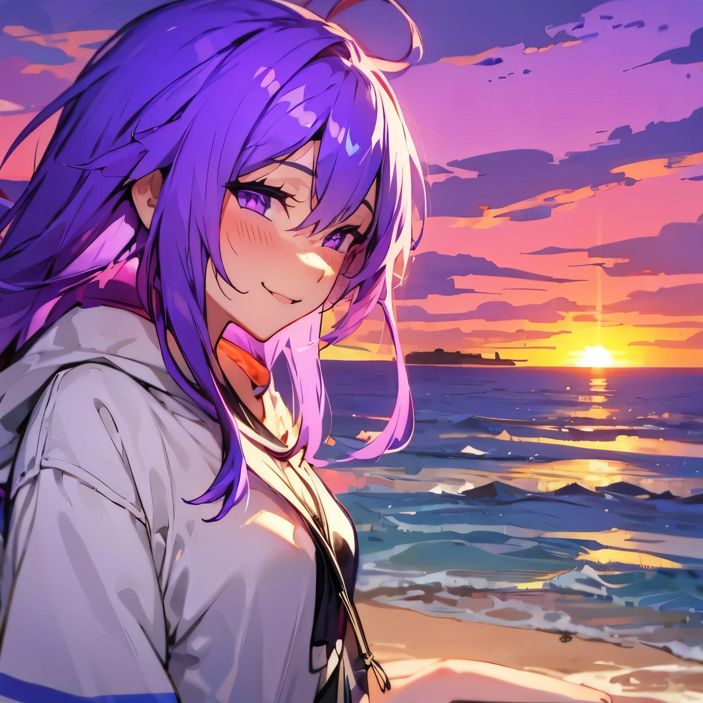 beach,seaside,Sunset,purple hair,purple eyes,Black sweatshirt