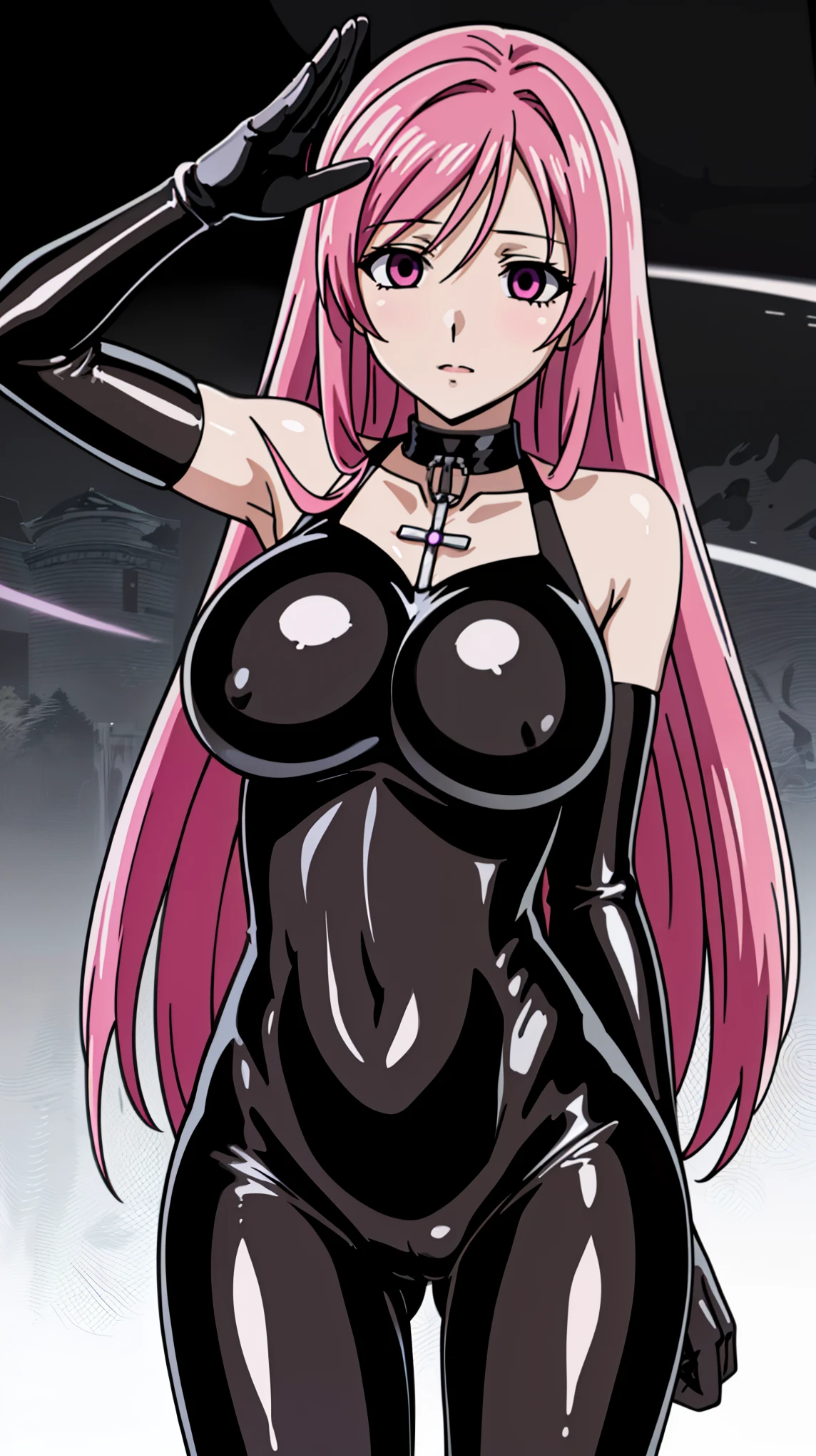 1 girl,NSFW, Chiye Moexiang ,(Rosario and Vampire),clavicle, absurd, brainwashing,Combatant, empty eyes,((purple glowing eyes 1.5)), (huge breasts 1.8), No expression, emotions removed,(black latex tight bodysuit),avert your eyes , 全身shape, ((stand up, salute)),(highest quality、4k、8k、High resolution、must have:1.2)、Super detailed、(reality、reality的なです、reality的な:1.37)、ticker、hyper hd、studio lighting、ultra definition paint、sharp focus、Physically based rendering、extreme details、Professional specifications、vibrancy and color、blurry、sports portrait、landscape、horror style、anime big breasts、SF、photograph、concept artist、five fingers, perfect body, {{{masterpiece}}}, {{{highest quality}}}, {{Super detailed}}, {shape}, {{very delicate and beautiful}},Improved cost performance、all roles、Canon 5D MK4でphotograph、photograph,