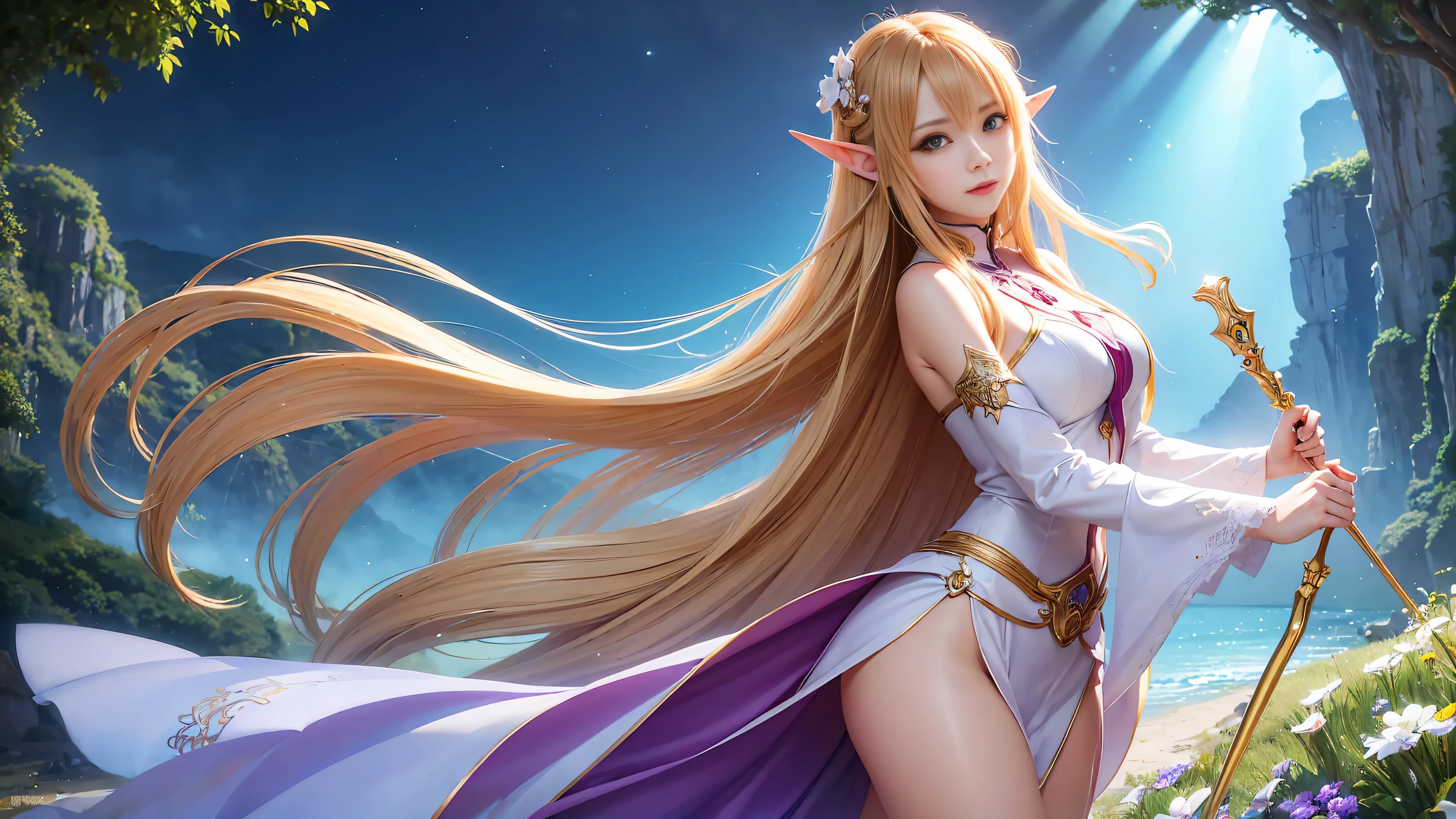 A graceful elf girl stands in a meadow, her delicate features illuminated by the soft light of the setting sun. Her long, flowing hair cascades down her back, adorned with intricate braids and adorned with sparkling jewels. This stunning painting captures the ethereal beauty of elves. Her slender figure in a silk dress sways in the soft meadow breeze. The artist's attention to detail is evident in the intricate patterns of her dress and the subtle highlights of her luminescence. skin. This breathtaking depiction of an elf girl exudes a sense of enchantment and transports the viewer to a magical world. The beautiful elf magician is awe-inspiring as she holds a magician's staff, uses fireball magic, and is about to defeat the Demon King with explosion magic., If you pull up your skirt, you can see your see-through panties and it will be embarrassing., (A superb exquisite Asuna Yuuki),(Asuna Yuuki:1.5), long hair, brown hair, streaked hair, brown eyes, star-shaped pupils, straight bangs, solo, nature, extremely delicate, straight facial features, peerless beautiful girl, soft, (sensual face), ((ecchi face)), dreamy quality, exaggerated facial features, solid color, frank holly, delicate face, bright lips, slender waist, soft curves, real light and shadow, super fine, 4k, natural moving, Ultra high resolution, (masterpiece:1.2, best quality), (finely detailed beautiful eyes: 1.2), (beautiful detailed face), detailed anime artwork, clean detailed anime art, detailed digital anime art, detailed anime art, beautiful anime portrait, beautiful anime girl, beautiful anime artwork, beautiful anime art, beautiful anime style, detailed portrait of anime girl, anime girl, beautiful anime, anime illustration,Medium chest, slender body,unparalleled beauty sexy and very beautiful face、Super long silky shiny blonde hair、long swaying bangs、Sexy 15 years old、beautiful cute pearl eyes beautiful girl、Silky skin、Very big blue eyes,