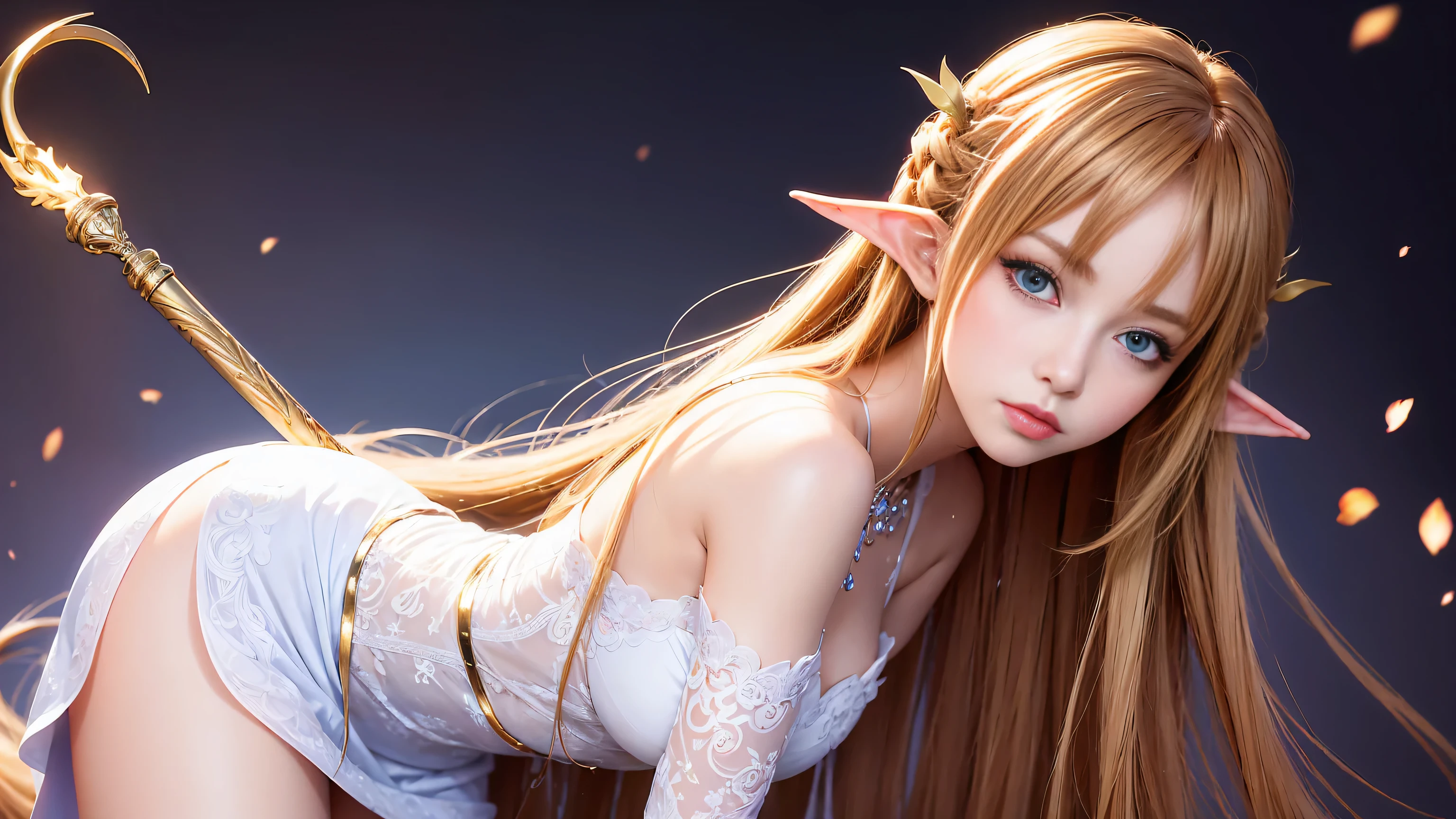 A graceful elf girl stands in a meadow, her delicate features illuminated by the soft light of the setting sun. Her long, flowing hair cascades down her back, adorned with intricate braids and adorned with sparkling jewels. This stunning painting captures the ethereal beauty of elves. Her slender figure in a silk dress sways in the soft meadow breeze. The artist's attention to detail is evident in the intricate patterns of her dress and the subtle highlights of her luminescence. skin. This breathtaking depiction of an elf girl exudes a sense of enchantment and transports the viewer to a magical world. The beautiful elf magician is awe-inspiring as she holds a magician's staff, uses fireball magic, and is about to defeat the Demon King with explosion magic., If you pull up your skirt, you can see your see-through panties and it will be embarrassing., (A superb exquisite Asuna Yuuki),(Asuna Yuuki:1.5), long hair, brown hair, streaked hair, brown eyes, star-shaped pupils, straight bangs, solo, nature, extremely delicate, straight facial features, peerless beautiful girl, soft, (sensual face), ((ecchi face)), dreamy quality, exaggerated facial features, solid color, frank holly, delicate face, bright lips, slender waist, soft curves, real light and shadow, super fine, 4k, natural moving, Ultra high resolution, (masterpiece:1.2, best quality), (finely detailed beautiful eyes: 1.2), (beautiful detailed face), detailed anime artwork, clean detailed anime art, detailed digital anime art, detailed anime art, beautiful anime portrait, beautiful anime girl, beautiful anime artwork, beautiful anime art, beautiful anime style, detailed portrait of anime girl, anime girl, beautiful anime, anime illustration,Medium chest, slender body,unparalleled beauty sexy and very beautiful face、Super long silky shiny blonde hair、long swaying bangs、Sexy 15 years old、beautiful cute pearl eyes beautiful girl、Silky skin、Very big blue eyes,