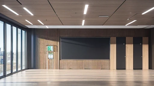 surreal scene,4K,Bright activity room in school,empty room,There are no tables or chairs on the floor,Wood color style,Cabinets on the back wall,Has a large display,high angle perspective,Ultra wide angle focal length,warm light,No outdoor window lights
