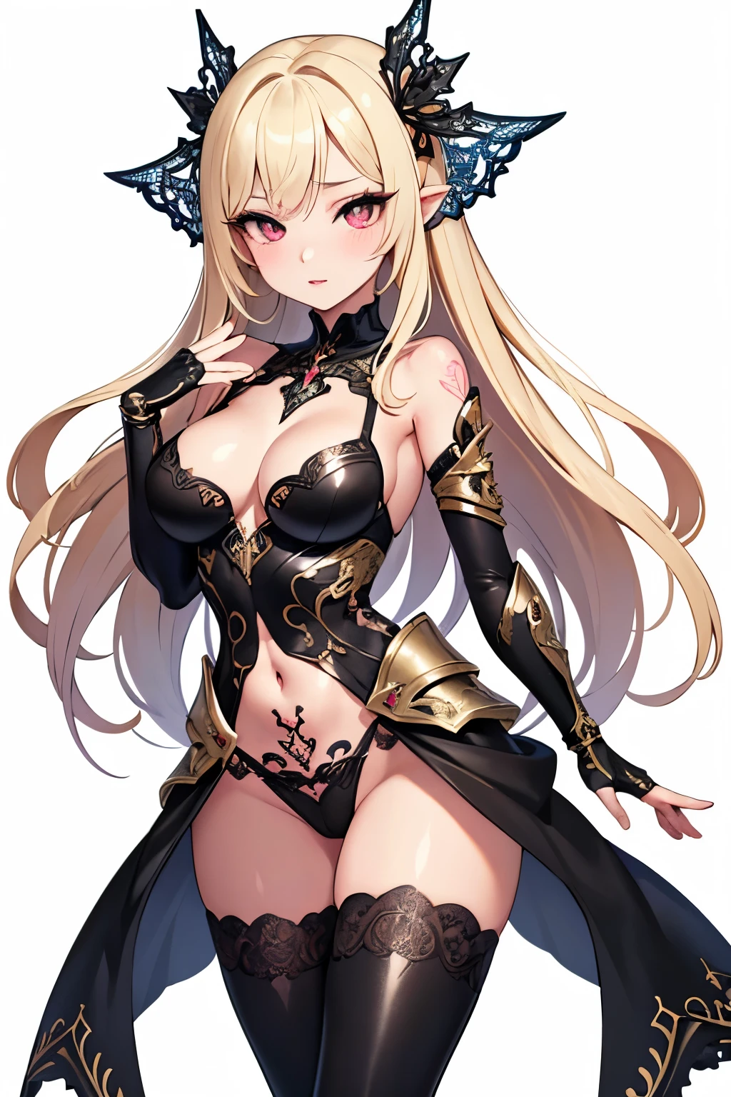 1girl, anime, cute girl, blank background, white background, fantasy, detailed fantasy dress with highlights, beautiful face, beautiful eyes, dark colors, black hair with multicolor streaks, red eye with different color pupil in eye, multicolor eye, medium small breasts (slightly big), slight cleavage, beautiful skin, cute, breast curtains, extremely delicate and beautiful, (beautiful detailed face:1.0), (detailed deep eyes), symmetrical breasts, deep eyes, shiny skin, portrait, slender waist, hips wider than shoulders, thighs, expressionless, young girl, luminous eyes, adorable,(Kpop idol),(aegyo sal:1),(Platinum blonde hair:1),((puffy eye)),Black panty,sexy posture,Superskirt, ultra high resolution,Black collar,slim figure, Abdominal y tattoo, womb tattoo,Tight-fitting leg ring,y tattoo on half-body,Bare skin, Armored hand,Hidden fingertips,Hand covered,Arm covered,Fist covered,{{beautiful detailed fingers}}, tufts of hair, moderate beautiful breast:1.0,(masterpiece:1.2), best quality, high-res, HDR, perfect face, intricate armor, delicate blue filigree, intricate filigree, red metalic parts, detailed part, dynamic pose, dynamic lights,