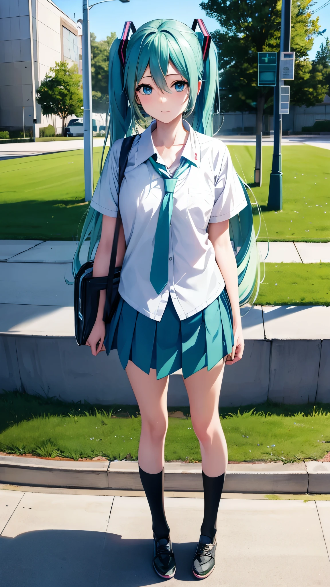 anime character、Hatsune Miku、A sad but hopeful departure、high school、Coming out of the school gate
