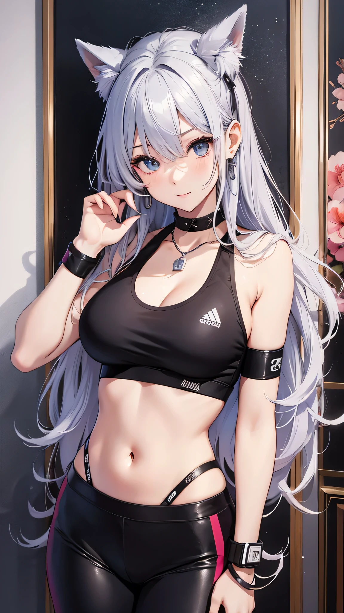 最high quality、best image quality、masterpiece、girl((20-year-old、 By becoming、vest bust、medium bust,wide open breast tea、shining eyes, silver hair、long hair、thin,highest valley、black sports bra、black sports pants、shoulder tattoo,diamond earrings、Wristband、black jacket、necklace、leaning forward、Guts pose)),high quality、beautiful art、background((Beautiful hotel room,in front of the door))、Flight、debris flies、Depth of written boundary、movie、visual art、perfect art、8K,genuine、Dynamic Performance