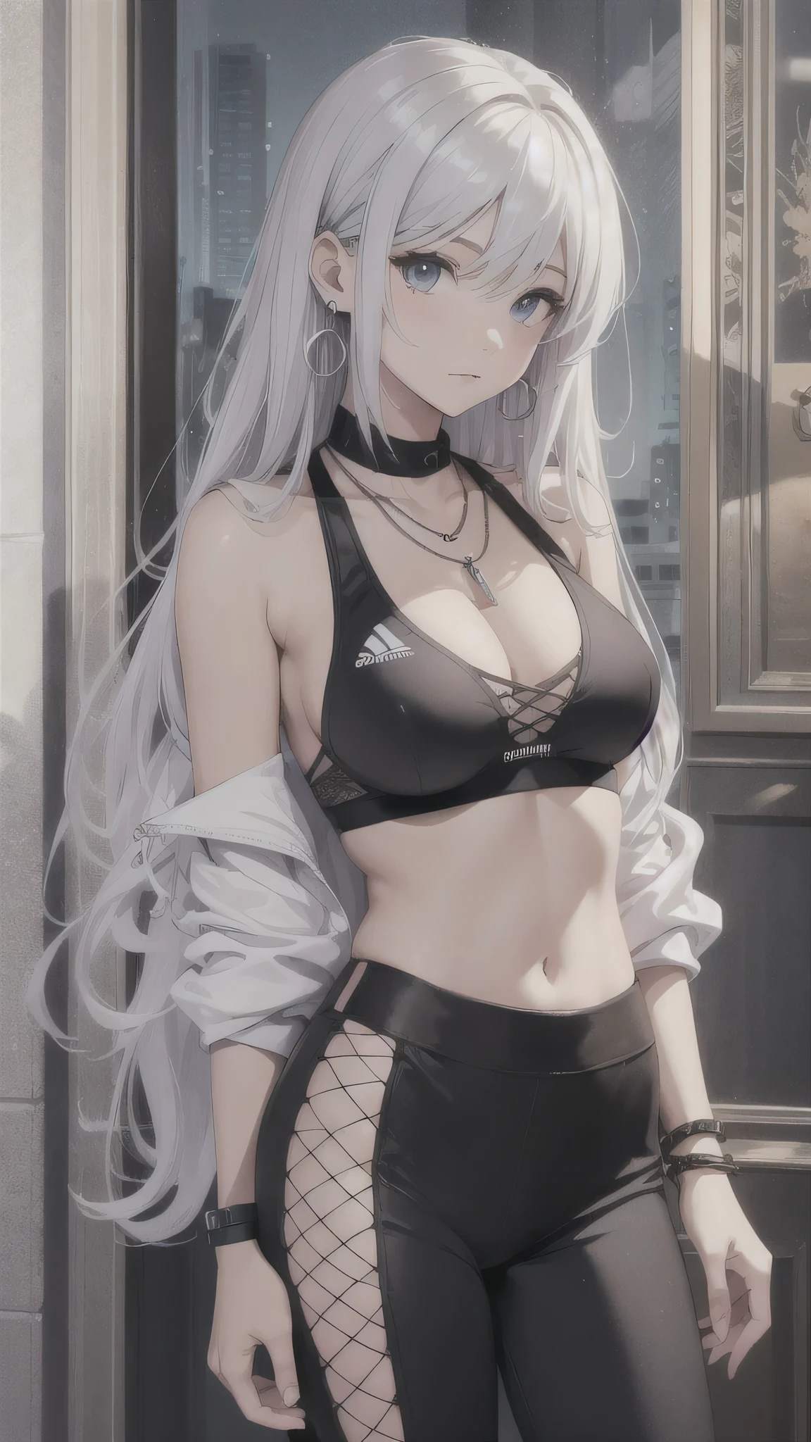 最high quality、best image quality、masterpiece、girl((20-year-old、 By becoming、vest bust、medium bust,wide open breast tea、shining eyes, silver hair、long hair、thin,highest valley、black sports bra、black sports pants、shoulder tattoo,diamond earrings、Wristband、black jacket、necklace、leaning forward、Guts pose)),high quality、beautiful art、background((Beautiful hotel room,in front of the door))、Flight、debris flies、Depth of written boundary、movie、visual art、perfect art、8K,genuine、Dynamic Performance