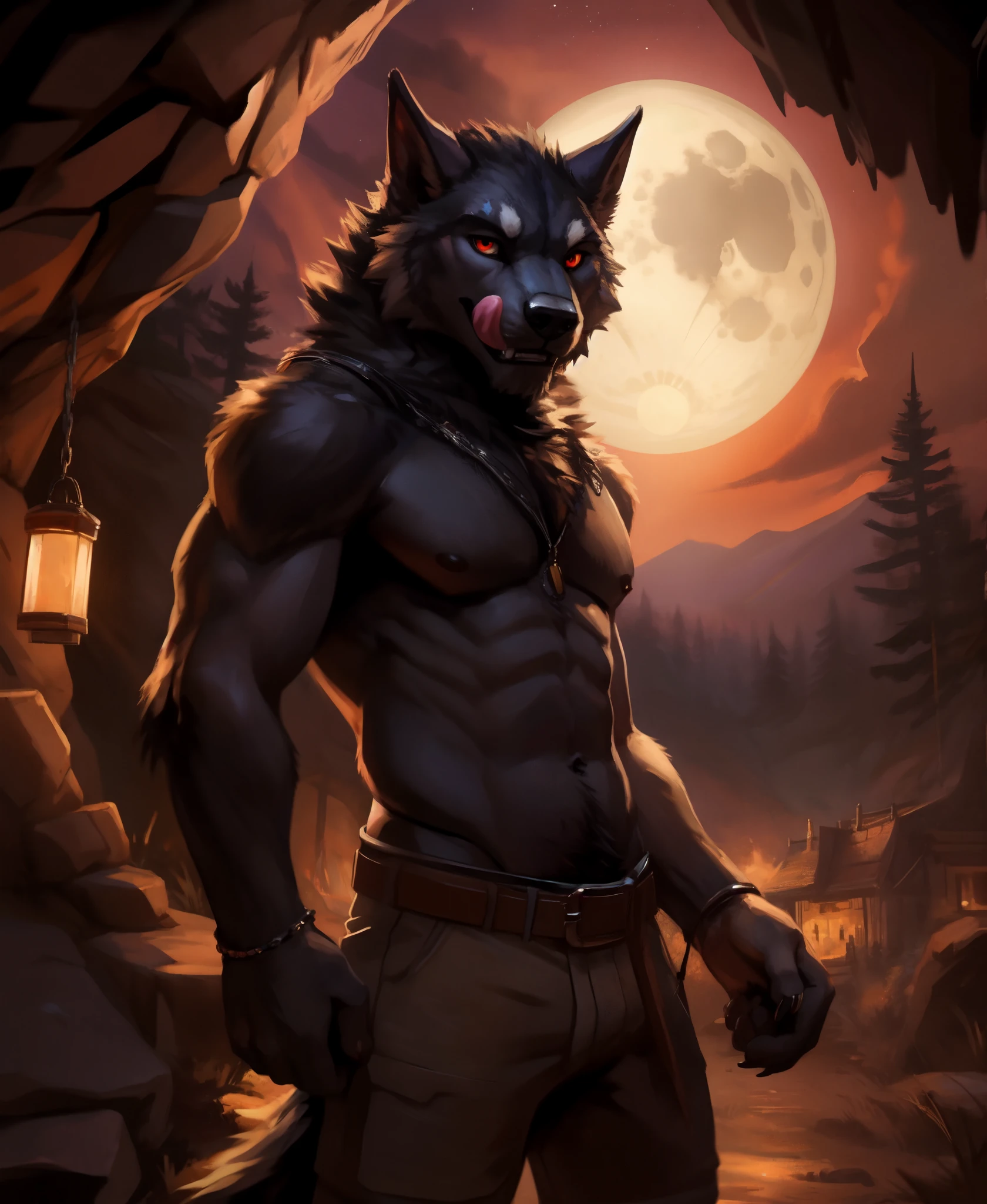 sfw, looking at viewer, licking lips, pouncing, ((werewolf)) solo male, tojo the thief,  kenket, chunie, darkgem, anthro, ((detailed face)), ((dark forest), full moon),  long snout, black fur, red eyes, menacing. (looking out from cave), detailed realistic painting, ((body hair)) BREAK (full moon) BREAK (glowing lanterns), night