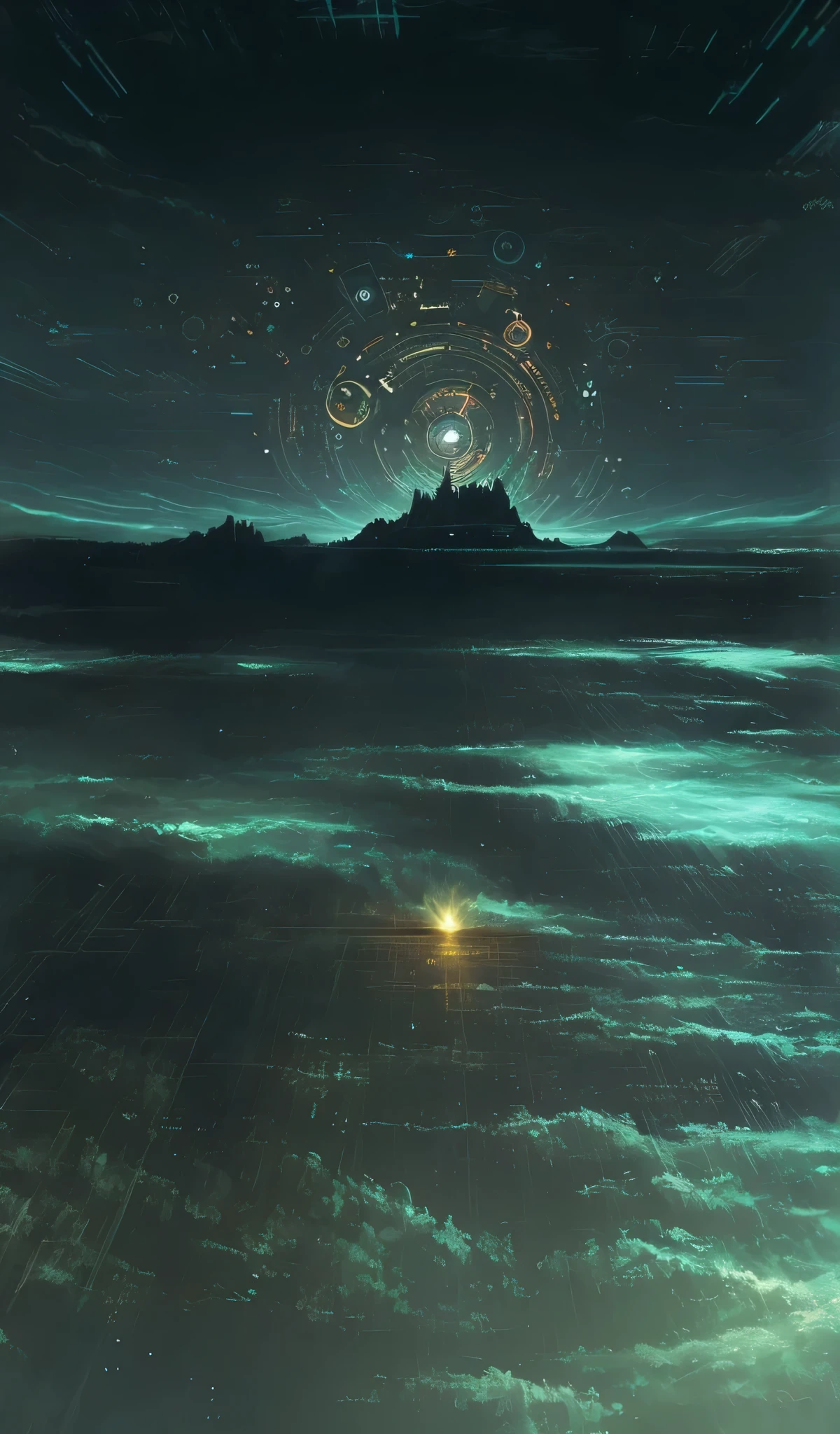 there is a digital painting of a dark sky with a light, sci-fi digital painting, sci-fi digital art, science fiction digital art, sci fi digital painting, a digital dreamscape, surreal cyberspace, mystical sci-fi concept art, futuristic digital painting, lan mcque, cybernetic shrine, sci - fi scene, matte painting of human mind