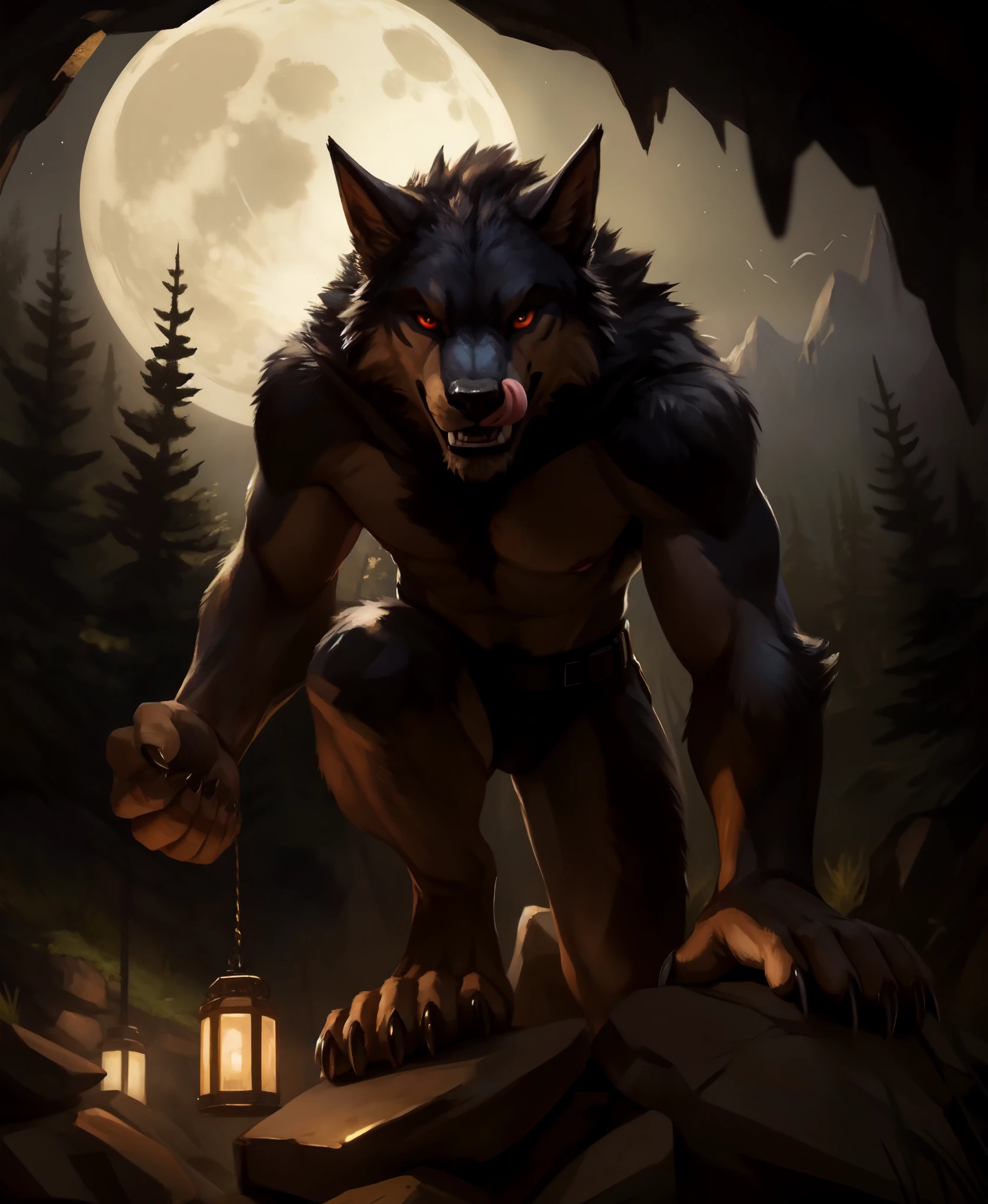 sfw, looking at viewer, licking lips, pouncing, ((werewolf)) solo male, tojo the thief,  kenket, chunie, darkgem, anthro, ((detailed face)), ((dark forest), full moon),  long snout, black fur, red eyes, menacing. (looking out from cave), detailed realistic painting, ((body hair)) BREAK (full moon) BREAK (glowing lanterns), night