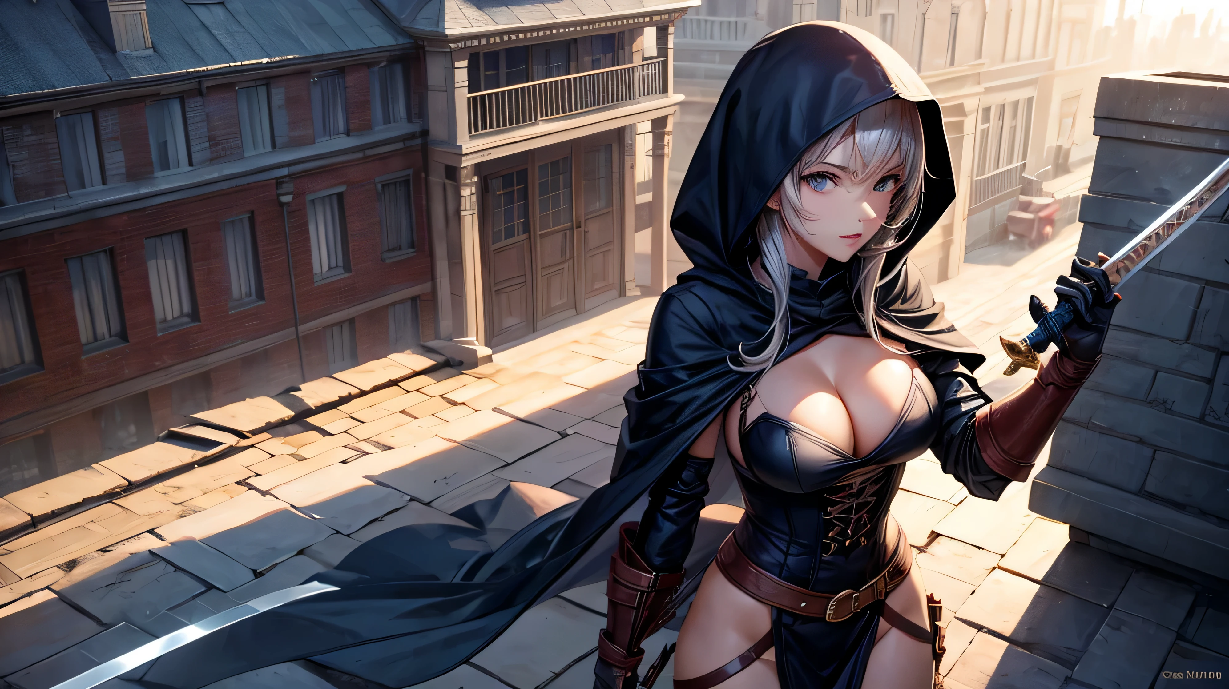 Sexy woman with a sword on the roof of a building　wearing a hood