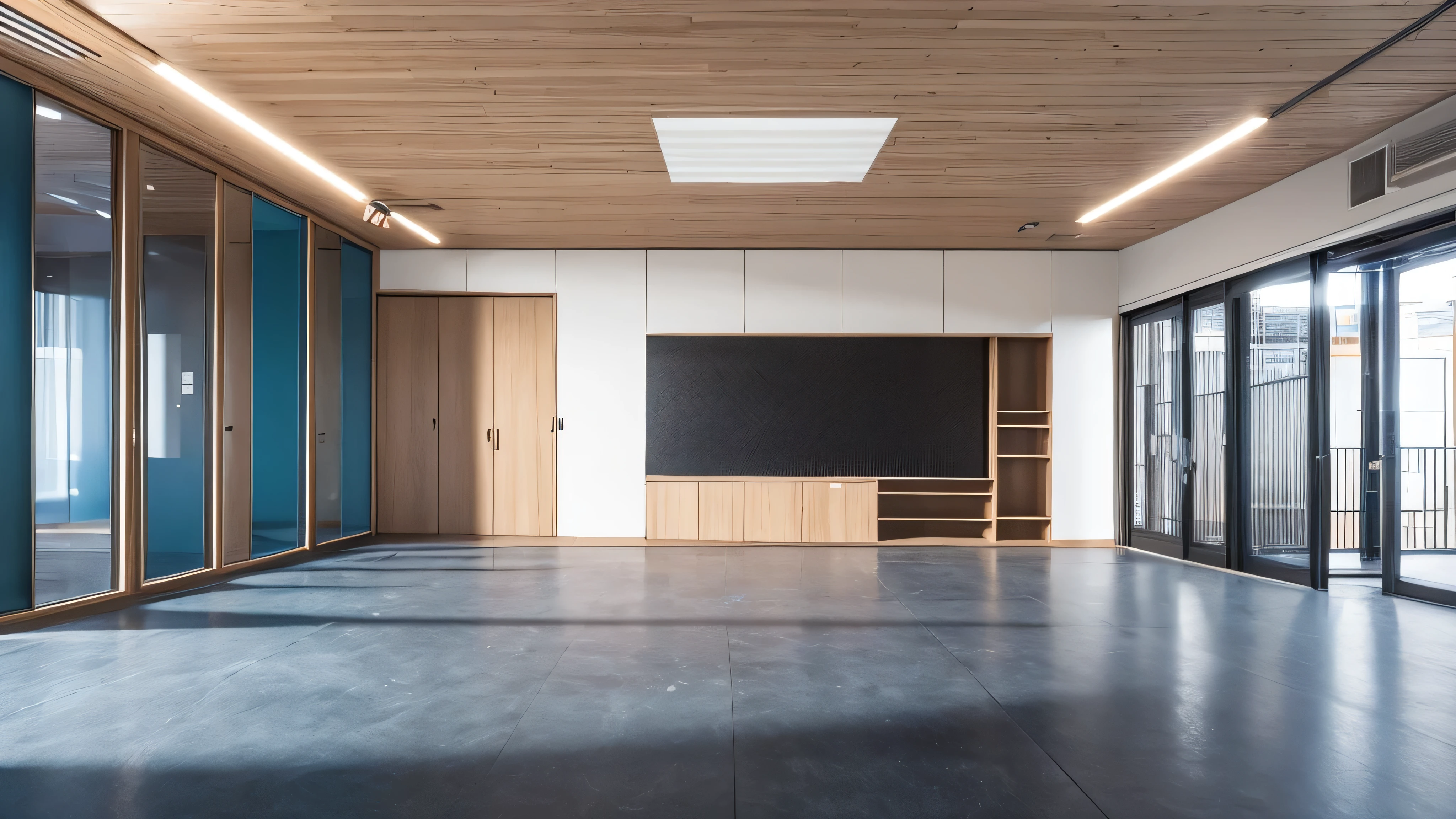 surreal scene，4K，Bright activity room in school，empty room，There are no tables or chairs on the floor，Wood color style，Cabinets on the back wall，Has a large display，high angle view，Ultra wide angle focal length，warm light，No outdoor window lights