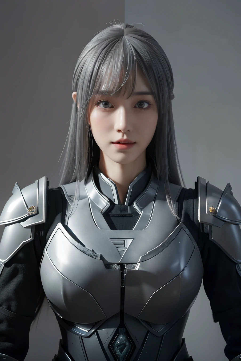 Masterpiece,Game art,The best picture quality,Highest resolution,8K,(Portrait),Unreal Engine 5 rendering works,(Digital Photography),((Portrait Feature:1.5)),
20 year old girl,Short hair details,With long bangs,(The red eye makeup is very meticulous),(With long gray hair:1.4),(Large, full breasts),Elegant and noble,Brave and charming,
(Future armor combined with the characteristics of ancient Chinese armor,Hollow design,Power Armor,The mysterious Eastern runes,A delicate dress pattern,A flash of magic),Warrior of the future,Cyberpunk figures,Background of war,
Movie lights,Ray tracing,Game CG,((3D Unreal Engine)),OC rendering reflection pattern
